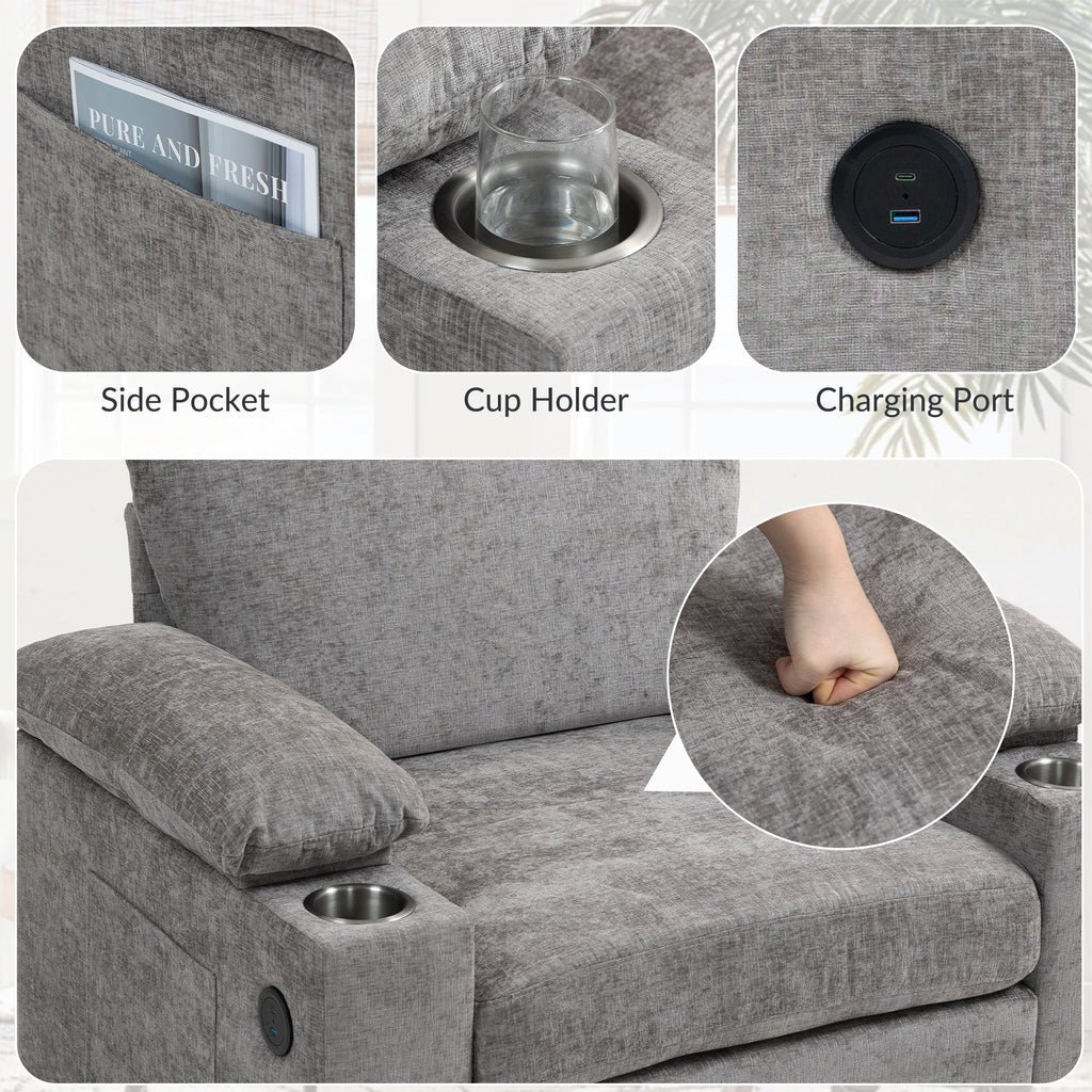 Modern Oversized Chair with Ottoman,Chenille Fabric Sofa Bed,Accent Chair Comfy Sofa with Cupholders and USB Charging Ports Chair for Living Room,Bedroom,Apartment