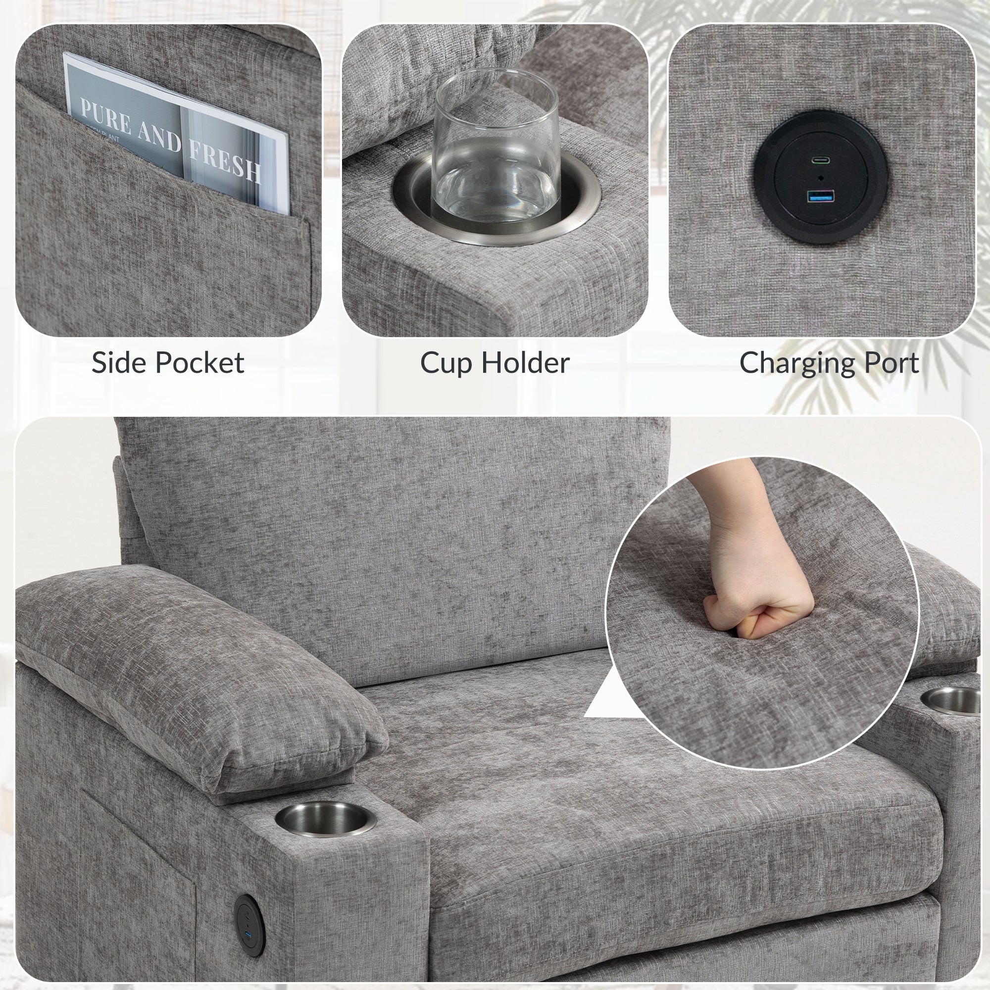 Modern Oversized Chair with Ottoman,Chenille Fabric Sofa Bed,Accent Chair Comfy Sofa with Cupholders and USB Charging Ports Chair for Living Room,Bedroom,Apartment