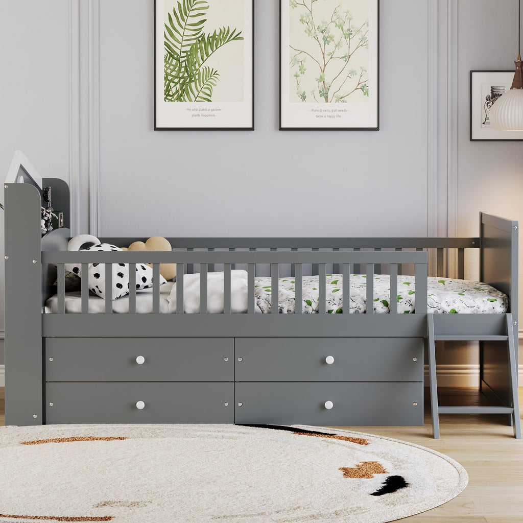 Twin Bed Frame with Storage 4 Drawers,Wooden Bed Frame for Kids,Platform Twin Size Bed with Guardrail Headboard and Ladder, No Box Spring Needed, Easy Assembly, Gray