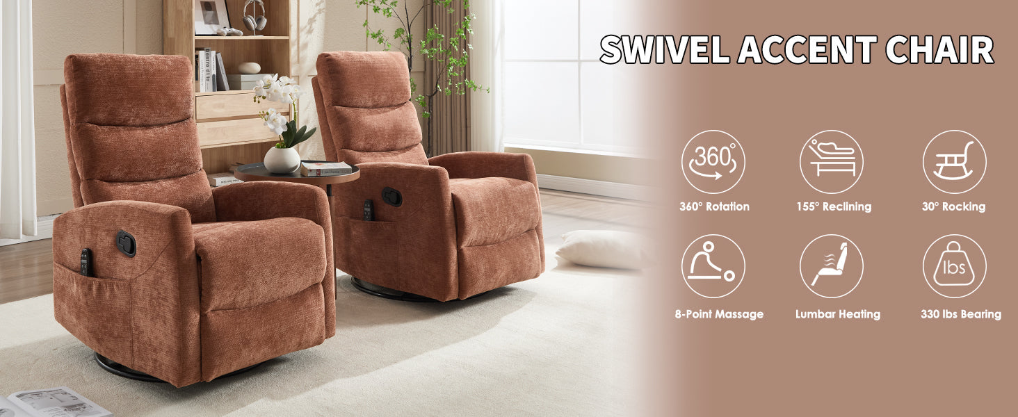 Heat Massage Manual Recliner Chair with Rocker and Swivel in Fabric for Living Room, Orange