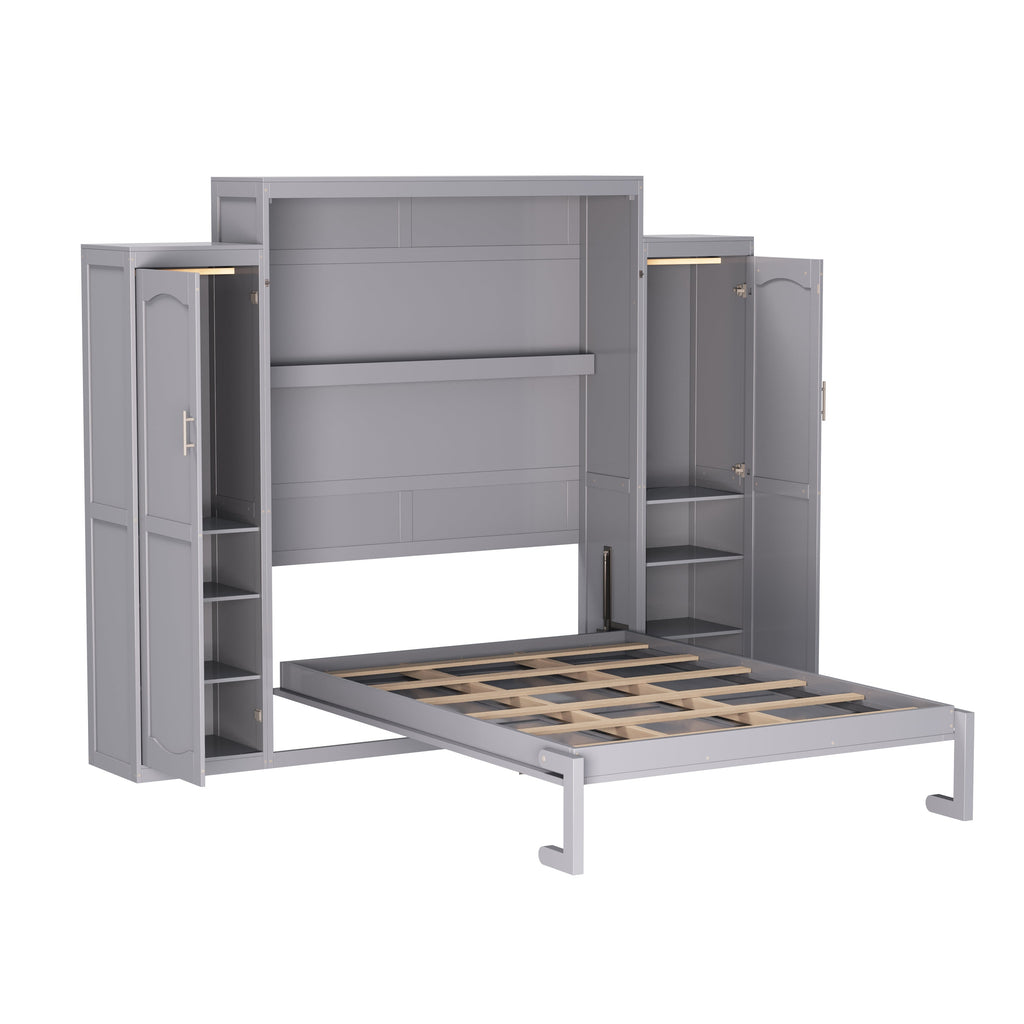 Queen Size Murphy Bed, Wooden Queen Wall Bed with 2 Wardrobe and Storage Shelf, Multifunctional Foldable Platform Bedframe for Guest-Room, Bedroom, Gray