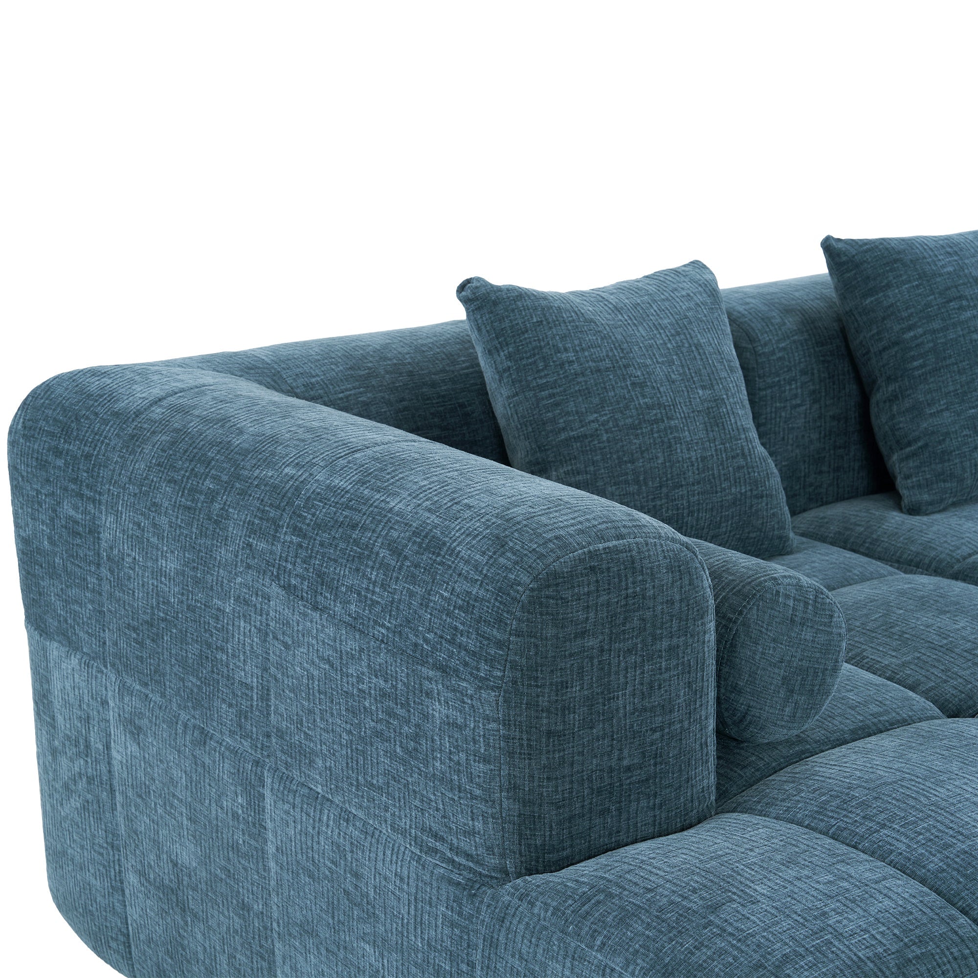 Modern Modular Sofa with Deep Seating, Two Side Pockets, and Plush Pillows in Blue Chenille Fabric, 101.2'