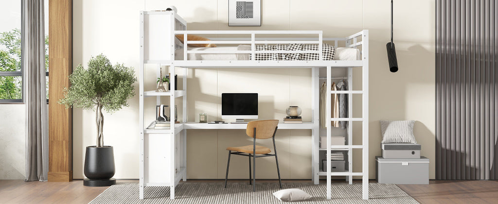 Metal Loft Bed with Wardrobe And L-shaped Desk, Queen Size Loft Bed with Storage Cubes and Shelves, Heavy Duty Loft Bed for Kids Teens Adults, White
