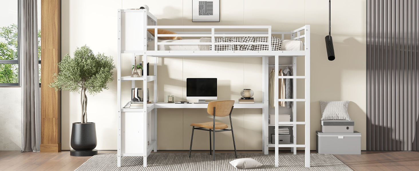 Metal Loft Bed with Wardrobe And L-shaped Desk, Queen Size Loft Bed with Storage Cubes and Shelves, Heavy Duty Loft Bed for Kids Teens Adults, White