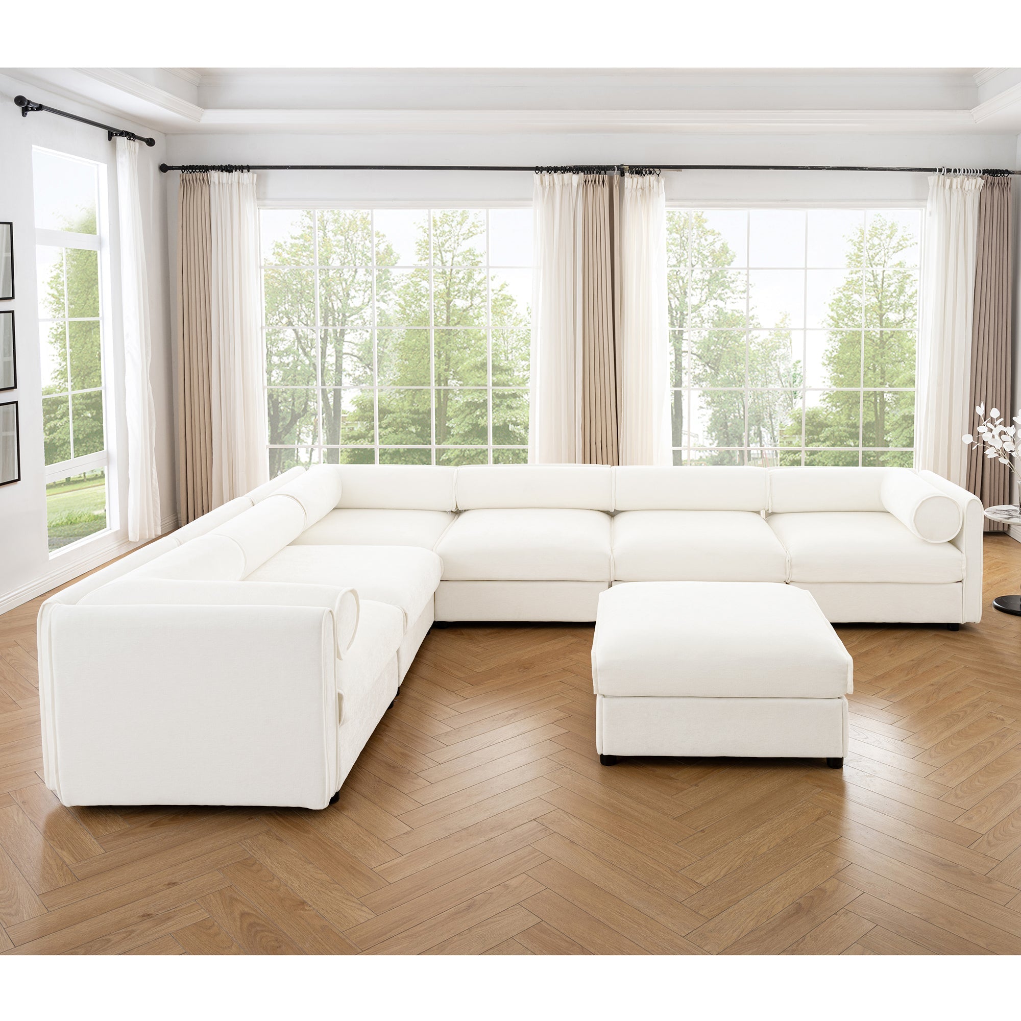 Large Modular Sectional Sofa Sectional Couch with Storage Chenille Sectional Sofa for Living Room, Cylindrical Backrest and Armrests 6 Seats,White