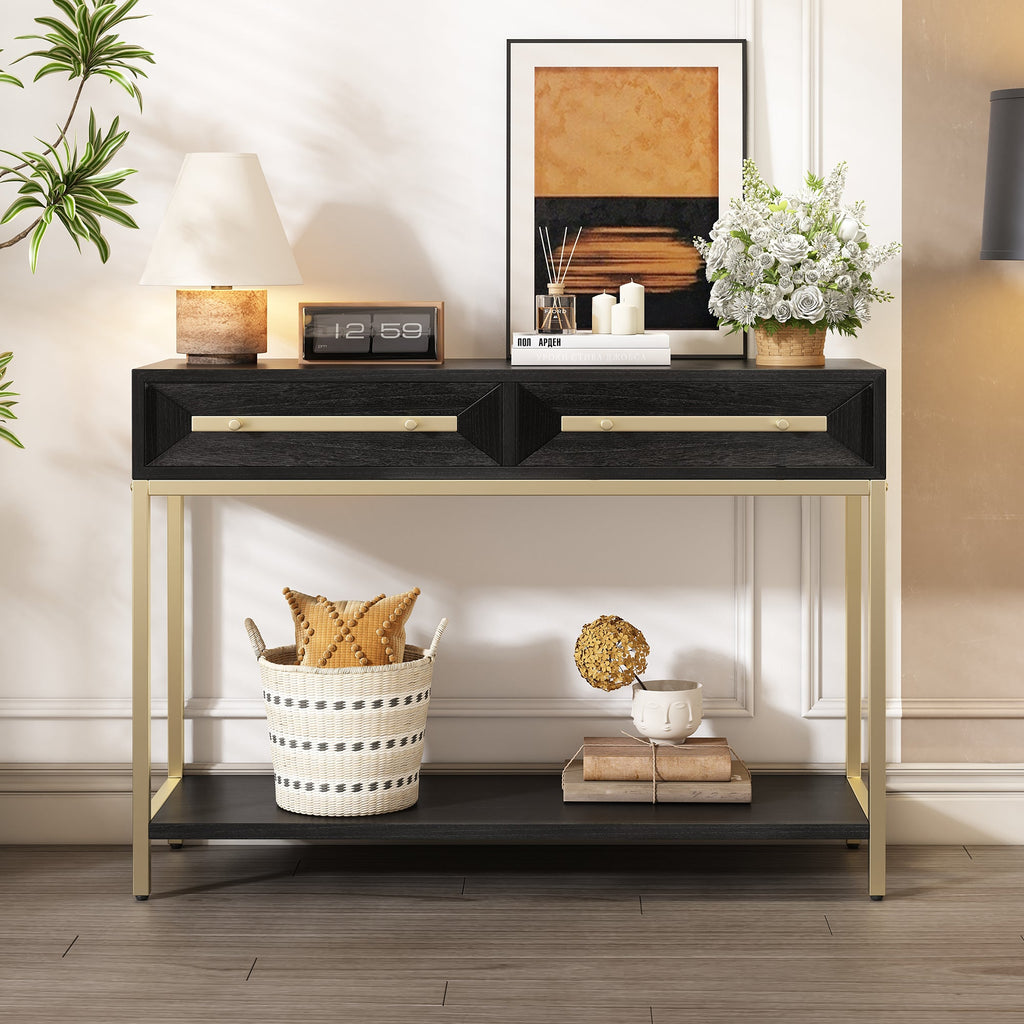 TREXM Entryway Table, Console Table with Two Drawers, Retro Hallway Table with Striking Geometric Design for Entryway and Living Room (Black)