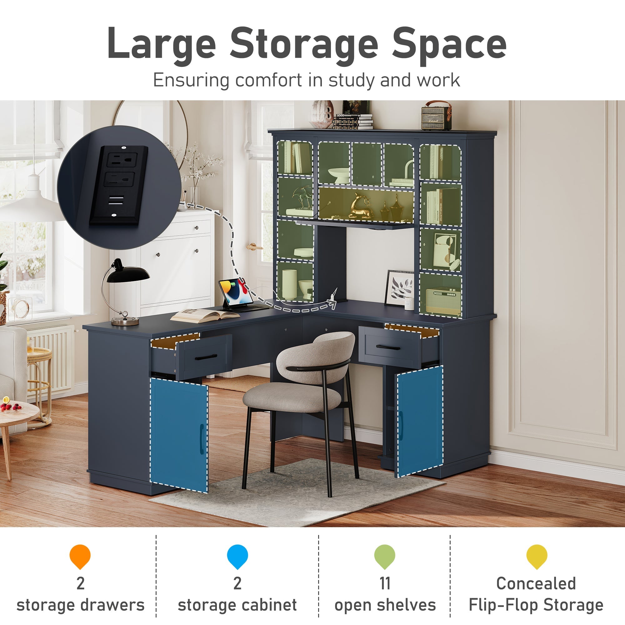 L-Shaped Computer Desk with 2 Cabinets and 2 Drawers, 11 Open Shelves, with Power Outlet, for Study, Living Room and Office, Antique Blue