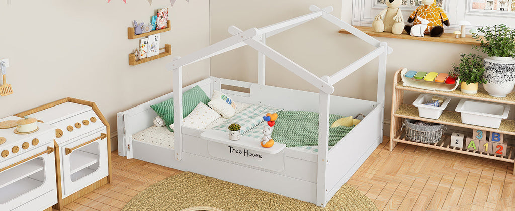 Full Size Floor Bed with Guardrails and Roof, Kids House Floor Bed with a Small Built-in Tray and Free-installed Signboard, Childlike Design, White