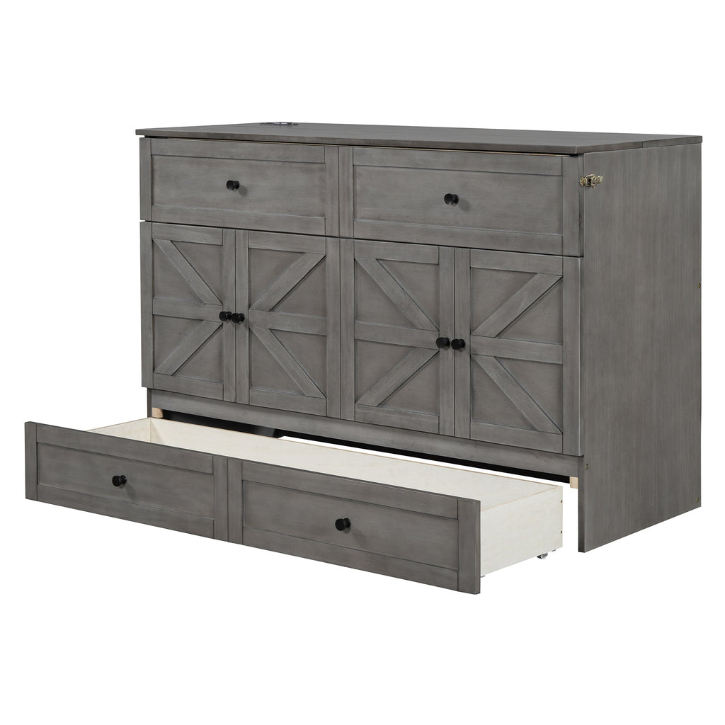 Queen Size Murphy Bed with Large Drawers & USB Ports,Brushed Gray