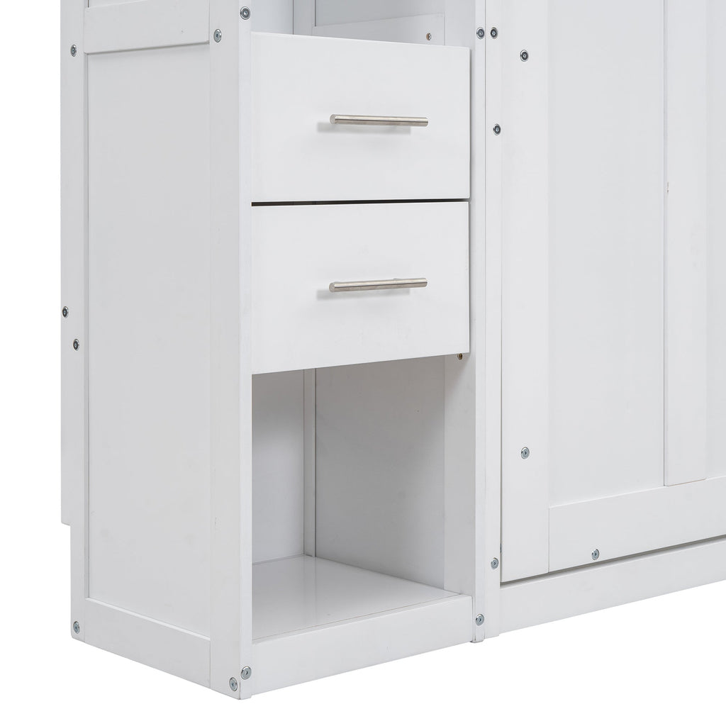 White Twin Size Murphy Bed with Lockers and Wardrobes, MDF+Pine, 93.2''L x 15.7''W x 99''H