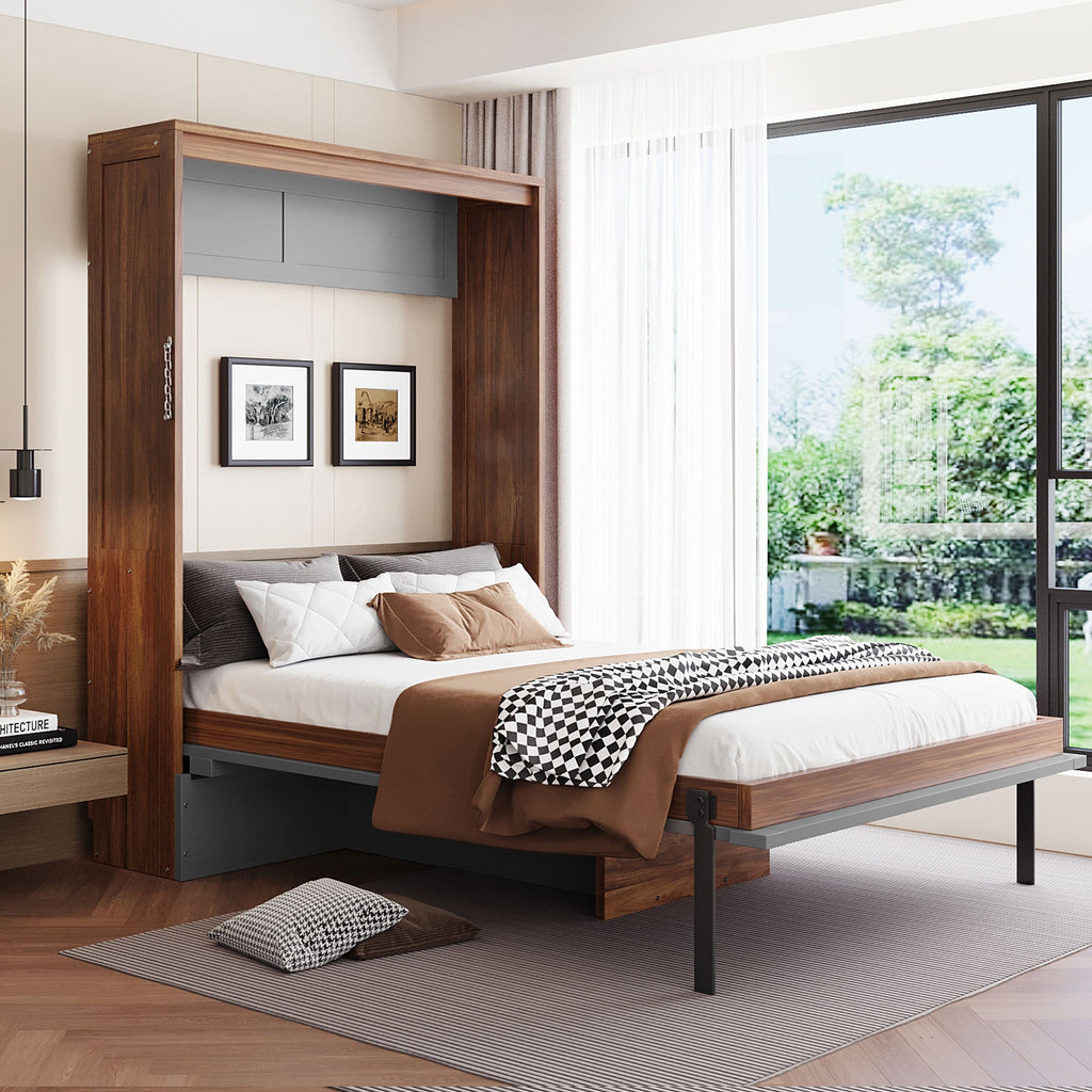Full Size Murphy Bed with Foldable Desk – Space Saving Wall Bed - Walnut & Gray