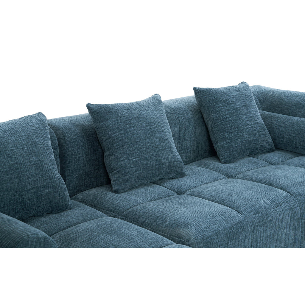 Modern Modular Sofa with Deep Seating, Two Side Pockets, and Plush Pillows in Blue Chenille Fabric, 101.2'