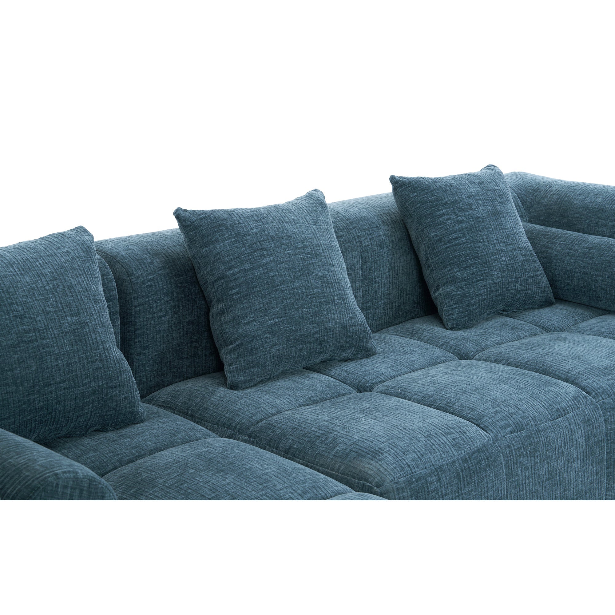 Modern Modular Sofa with Deep Seating, Two Side Pockets, and Plush Pillows in Blue Chenille Fabric, 101.2'