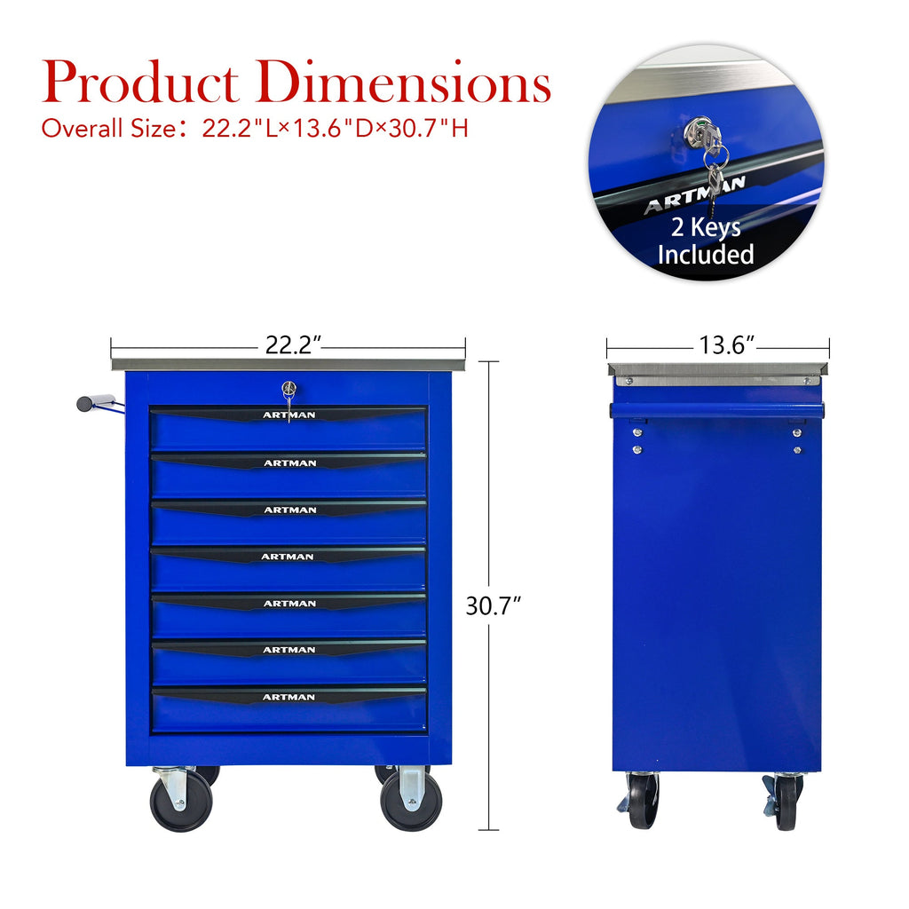 7 Drawers Multifunctional Tool Cart with Wheels,Metal Rolling Tool Cart Storage for Garage Workshop Warehouse Repair Shop--With Stainless Steel Roof- BLACK&BLUE