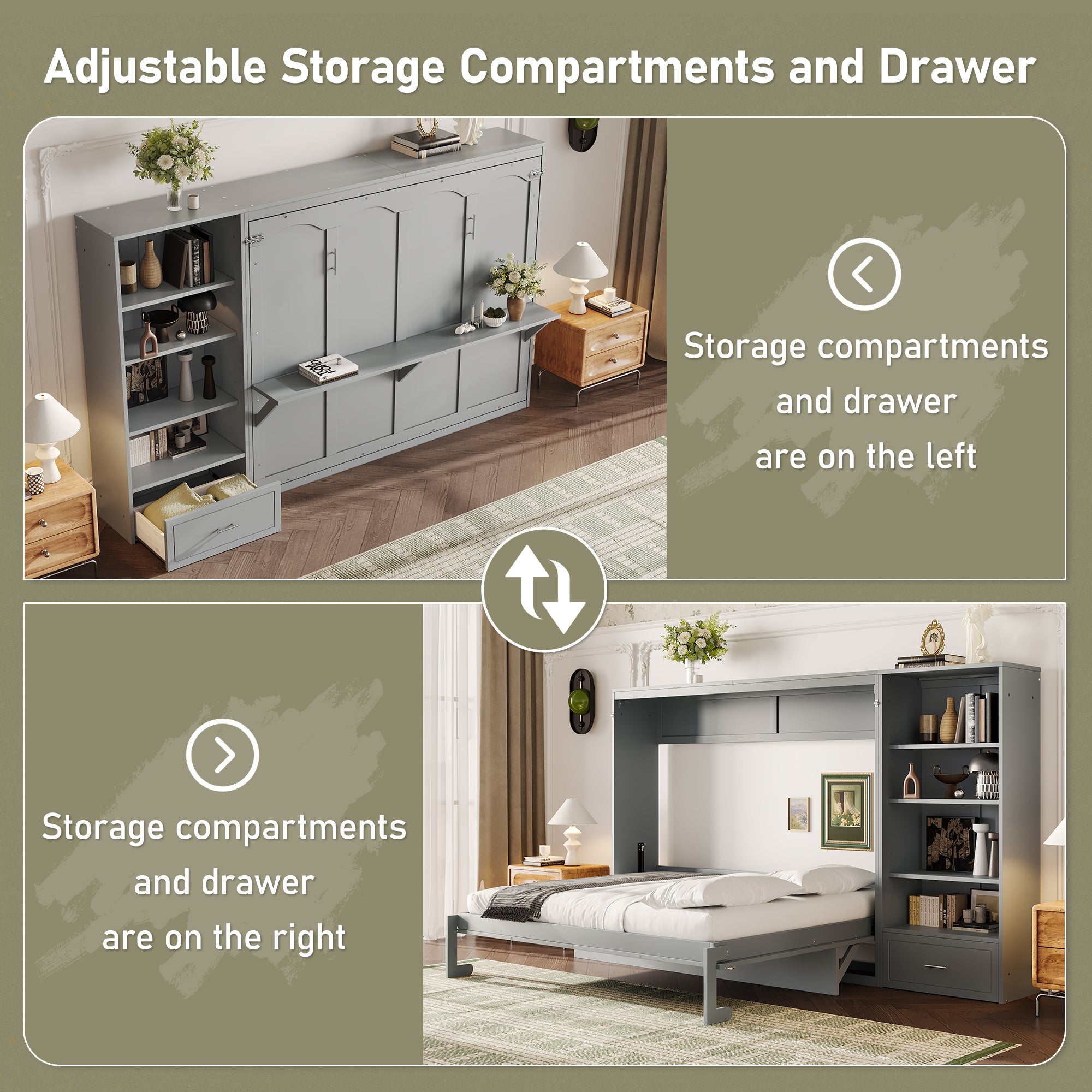 Queen Size Murphy Bed with Height Adjustable Storage Compartments and Shelf, Wall Bed Frame With 1 Drawer, Multifunctional Foldable Platform Bed for Small Space,Bedroom,Guest Room, Gray