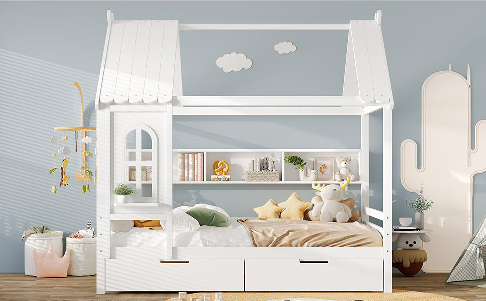Full house Beds with Storage Drawers and Window, Solid Wood House Platform Bed Frame with shelves, for Kids, Girls, Boys, No Spring Box Needed and Childlike Design, White