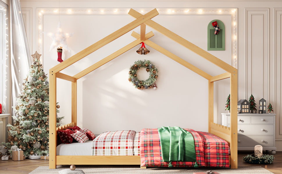 Queen House Floor Bed with Support Slats, Solid Wood House Bed Frame for Kids, No Box Spring Needed and Opening Constructure, Natural