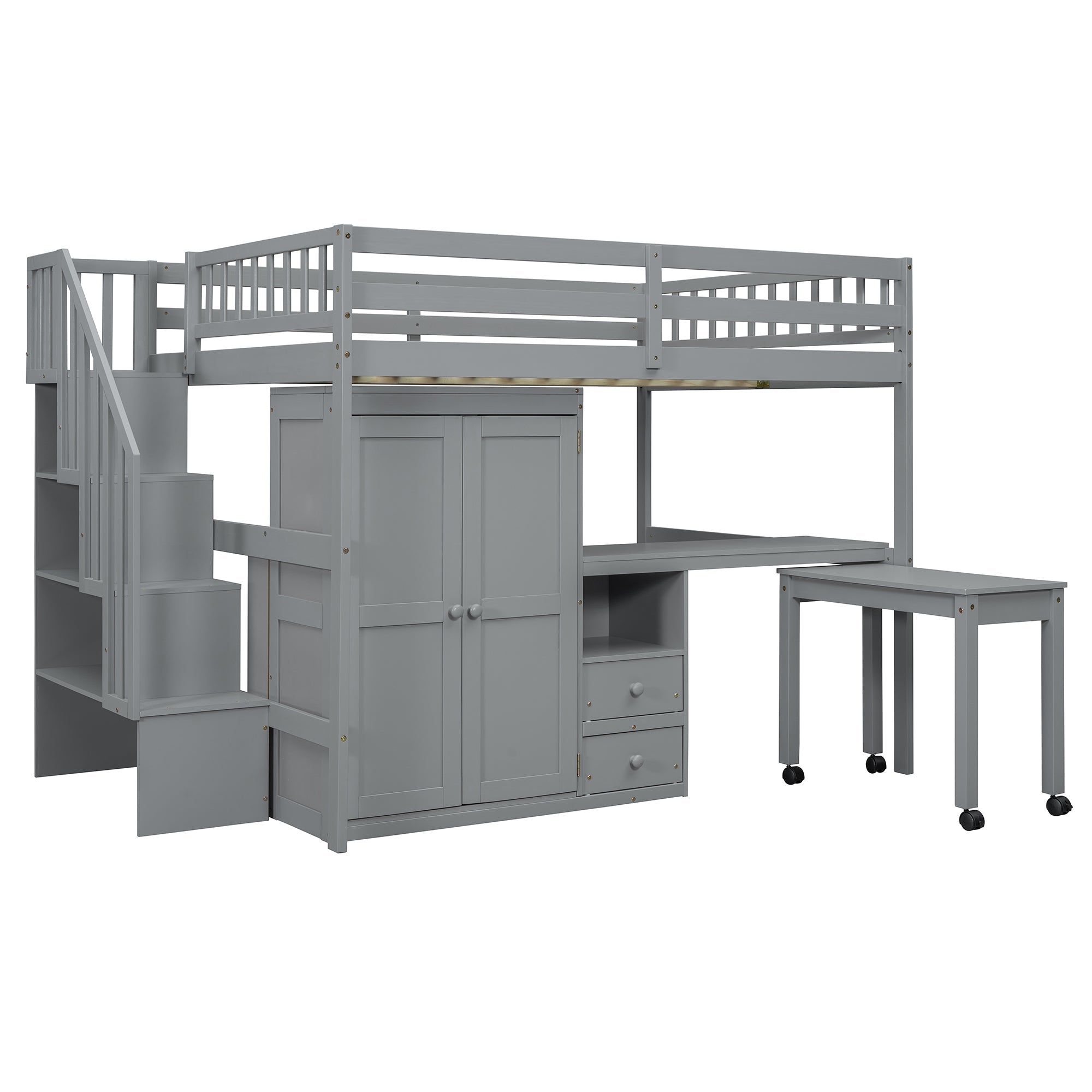 Full Size Loft Bed with Stairs, Bookshelf, Drawers, Desk & Wardrobe – Space-Saving Multifunctional Furniture for Kids & Teens-Gray
