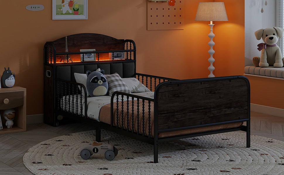Twin Size Metal Platform Bed Frame with Light, Kids Twin Metal Bed with Upholstered and Pull Out Storage Shelves, Black (Expect Arrival Date 2025/10/5)