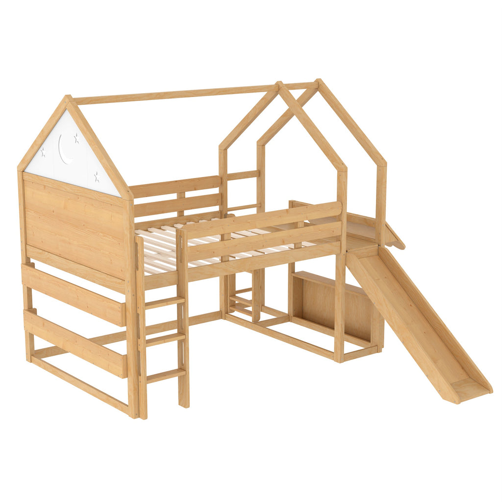 Full Size Loft Bed with Bookshelf Playful Design for Kids House-Shaped Structure with Slide High-Quality Safety Rails,Natural