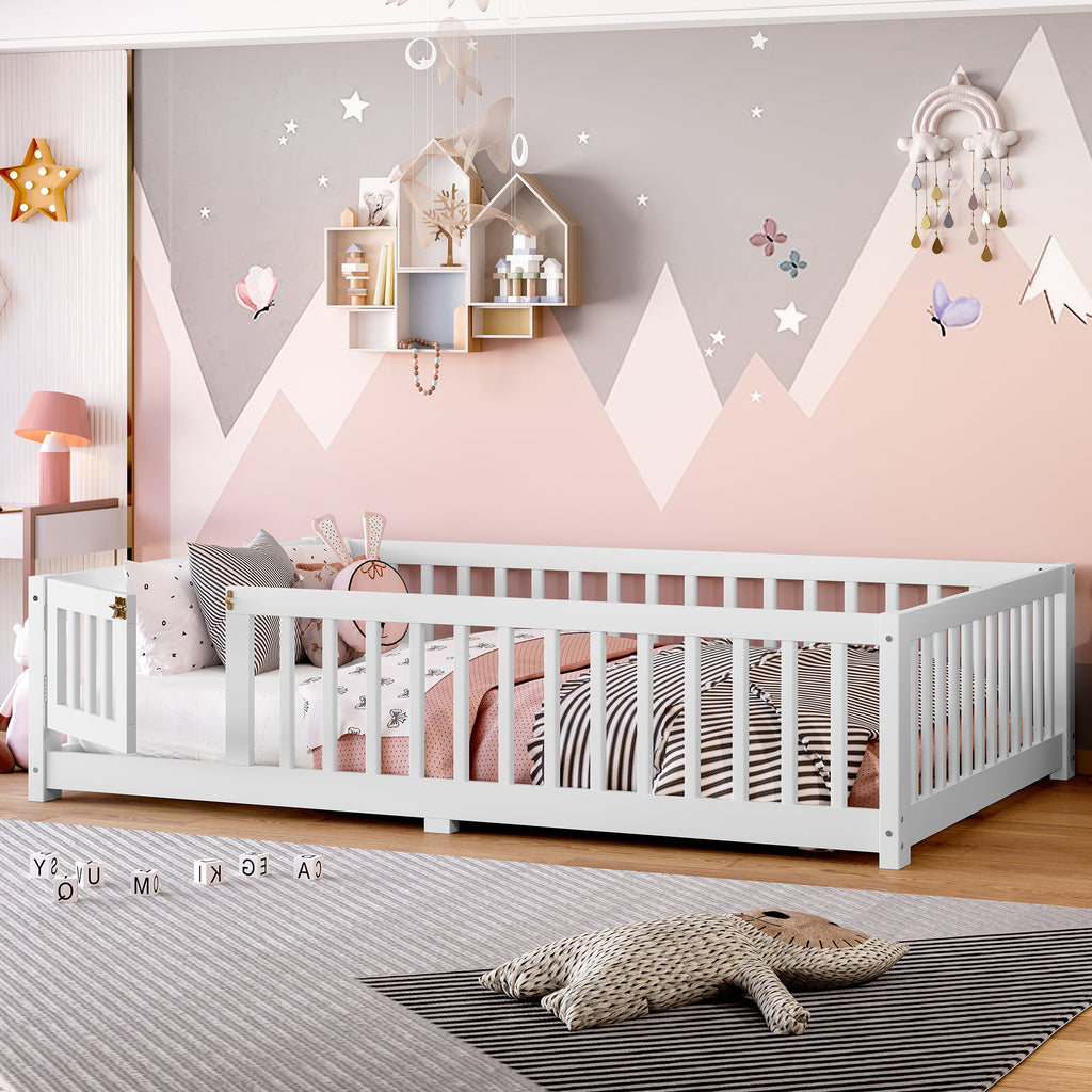 Full Size Bed Floor Bed with Safety Guardrails and Door for Kids, White(Old SKU: W1580P154625)
