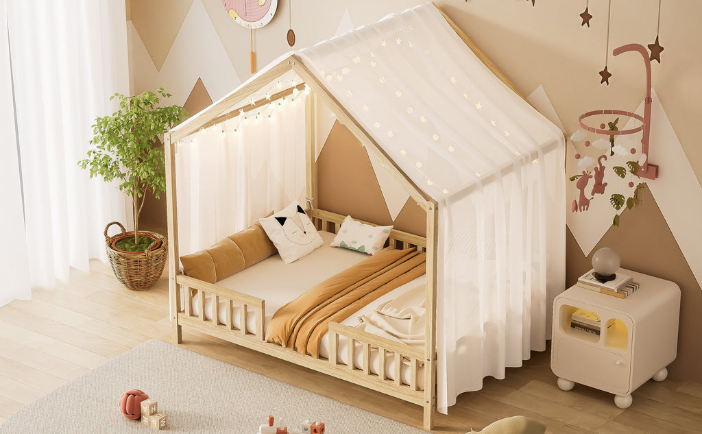 Montessori Floor Bed with Canopy, Full Bed Frame for Kids, House Shape Kids Bed Frame with High Railings, Wood Kids Bed with Roof, Kid Full Bed, Natural
