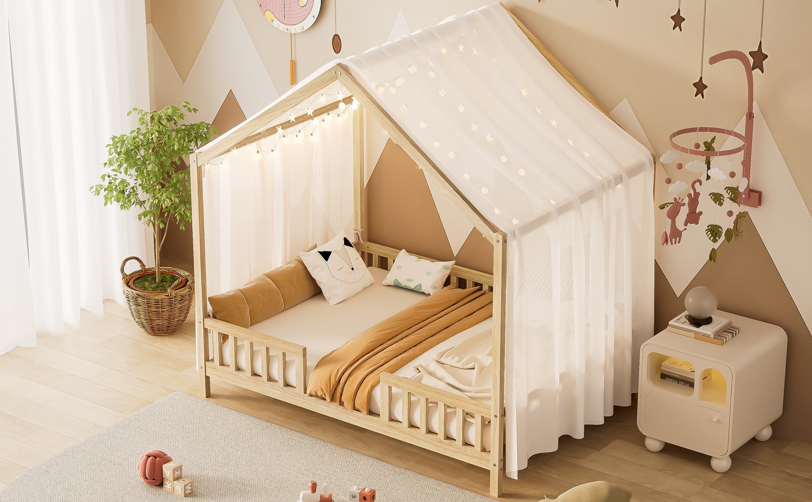 Montessori Floor Bed with Canopy, Full Bed Frame for Kids, House Shape Kids Bed Frame with High Railings, Wood Kids Bed with Roof, Kid Full Bed, Natural