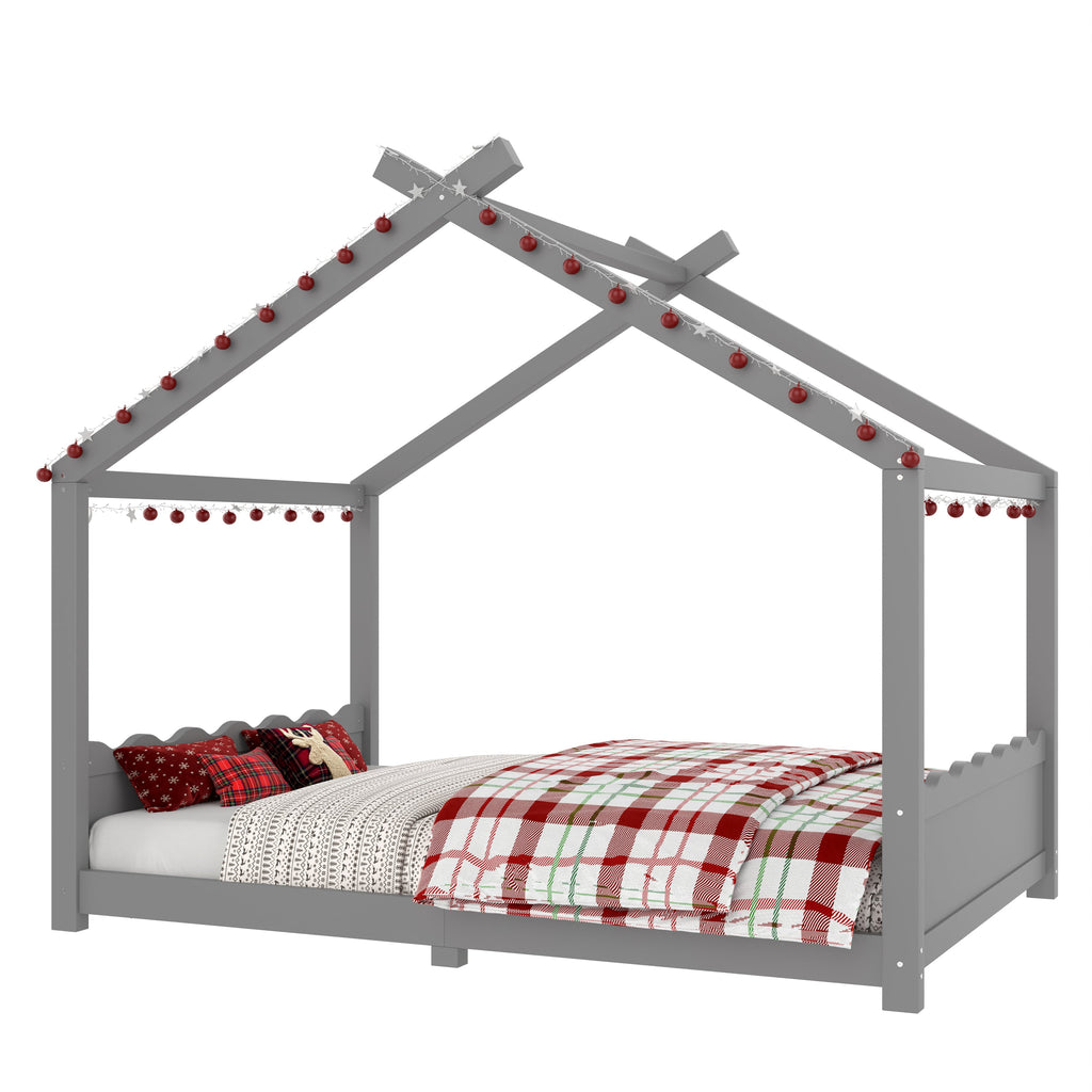 Full House Floor Bed with Support Slats, Solid Wood House Bed Frame for Kids, No Box Spring Needed and Opening Constructure, Gray