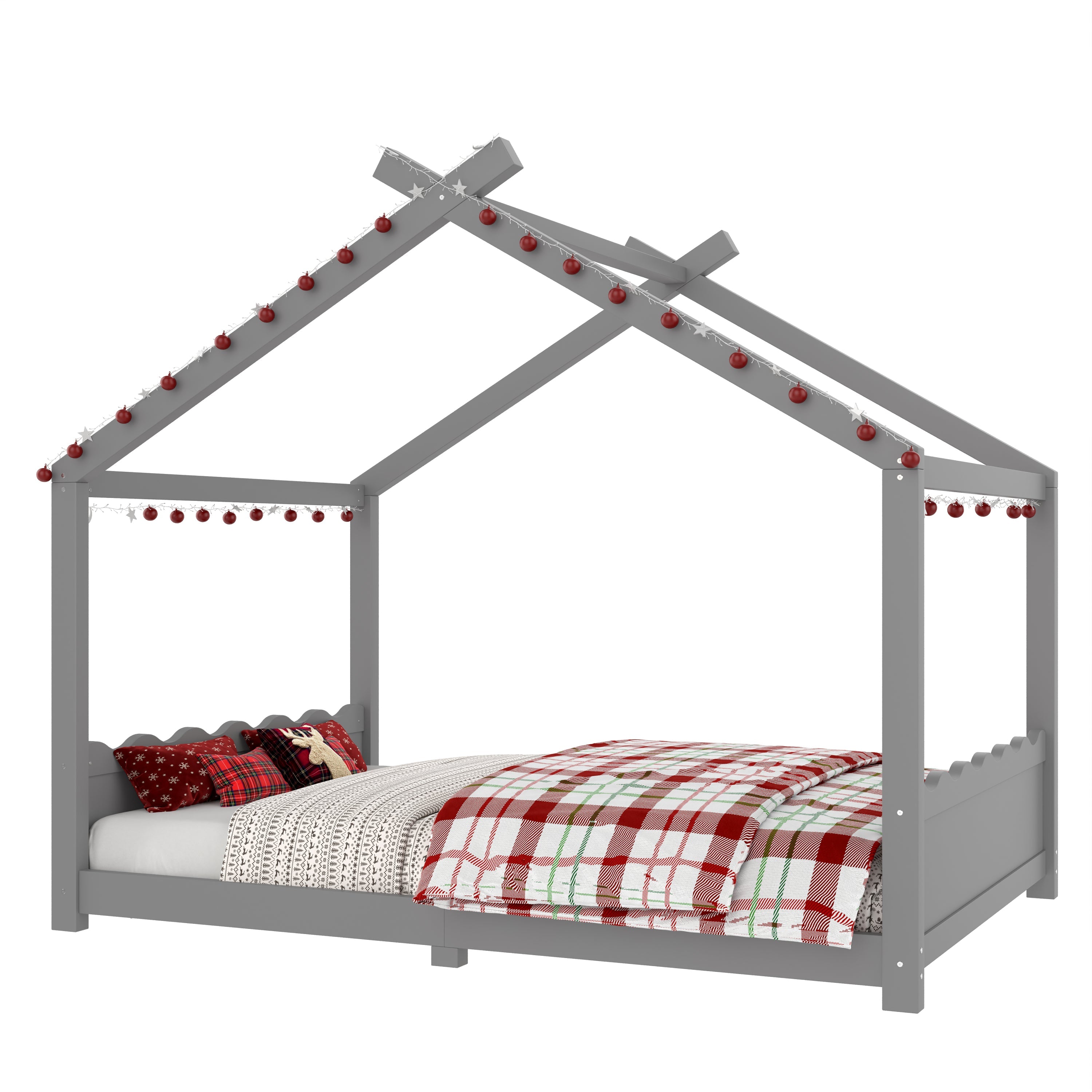 Full House Floor Bed with Support Slats, Solid Wood House Bed Frame for Kids, No Box Spring Needed and Opening Constructure, Gray