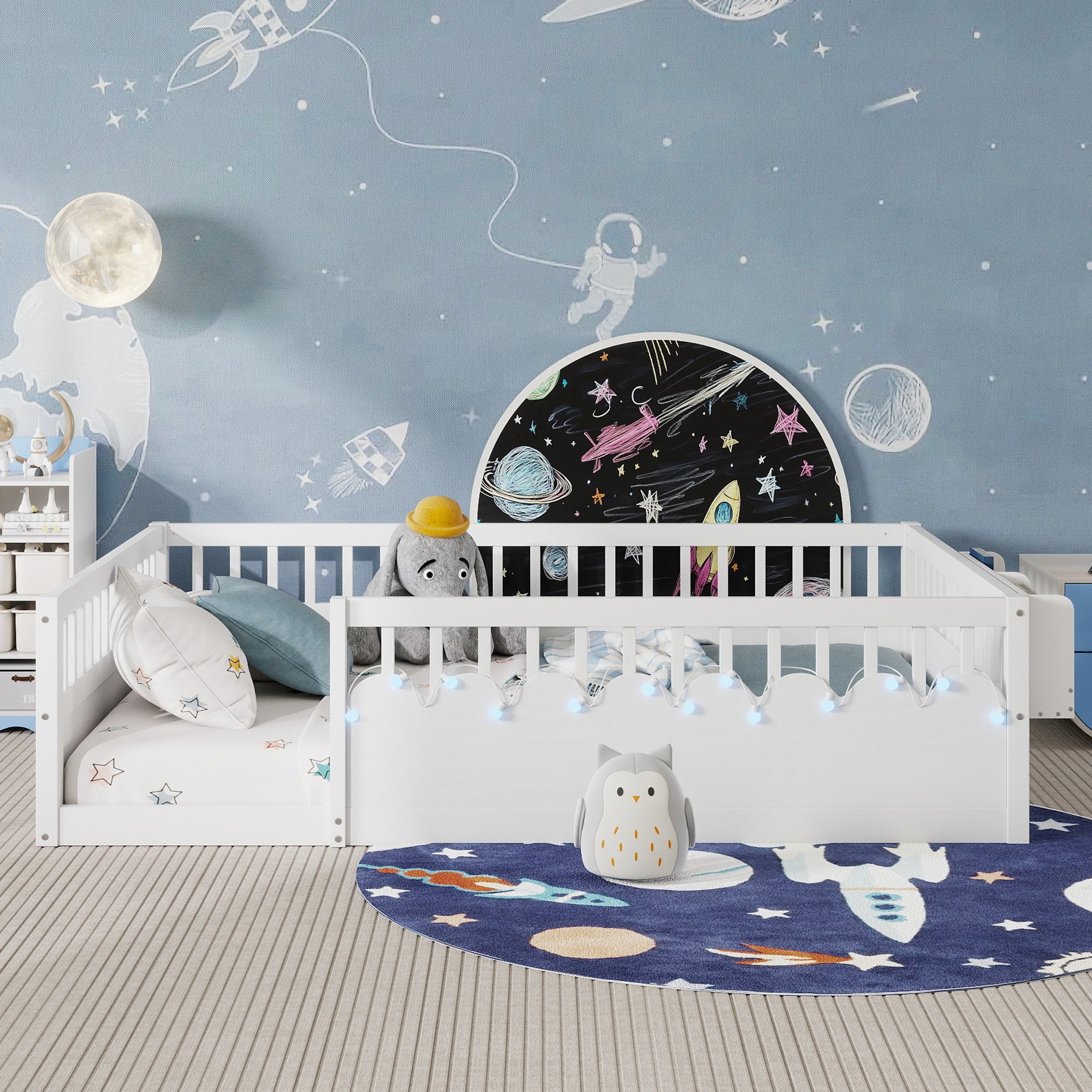 Full Montessori Floor Bed Frame with High Rails, Wood Kids Floor Beds with Light and Storage Shelf, White (Expect Arrival Date 2025/8/15)