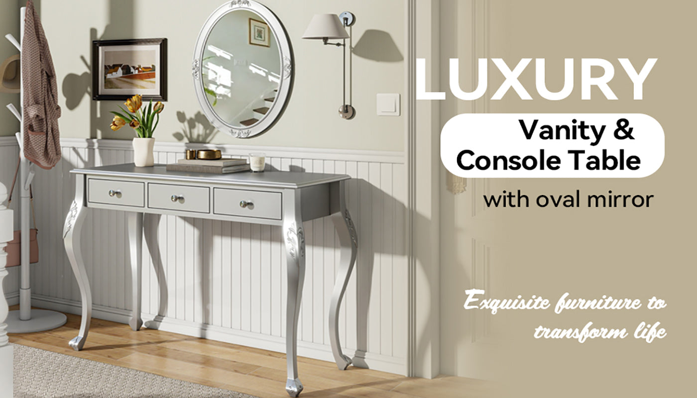 Luxury Makeup Vanity Desk with Oval Mirror, 3-Drawer Dressing Table for Jewelry Storage, Elegant Console Table for Entryway, Living Room & Bedroom, Stylish Home Decor,Silver