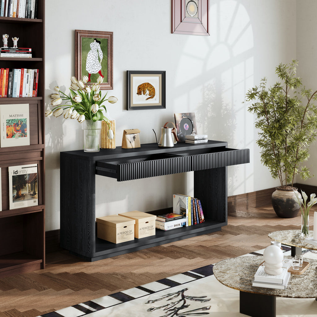 60' Modern 2-Drawer Fluted Console Table Natural Wood Veneer Sofa Table Behind Couch Table for Living Room, Hallway, Entryway, Home Office, Black