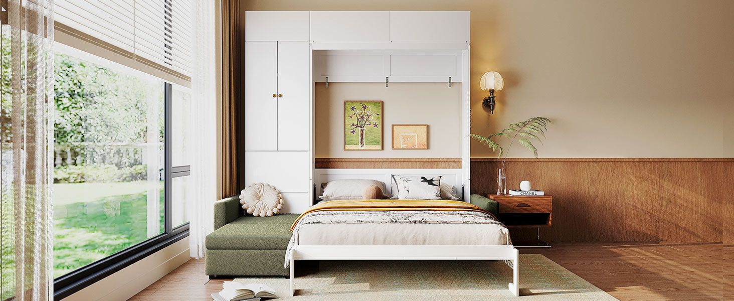 Queen Size Murphy Bed Wall Bed with Sofa and Shelves,White Panel, Green Sofa