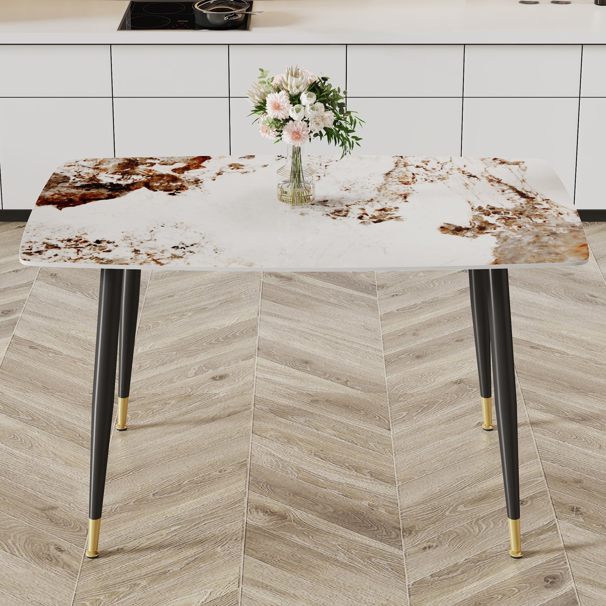 Modern minimalist dining table. A patterned SINTERED STONE tabletop with black metal legs. Suitable for kitchen and living room 50'*30'*30' F-001.W1151S00398