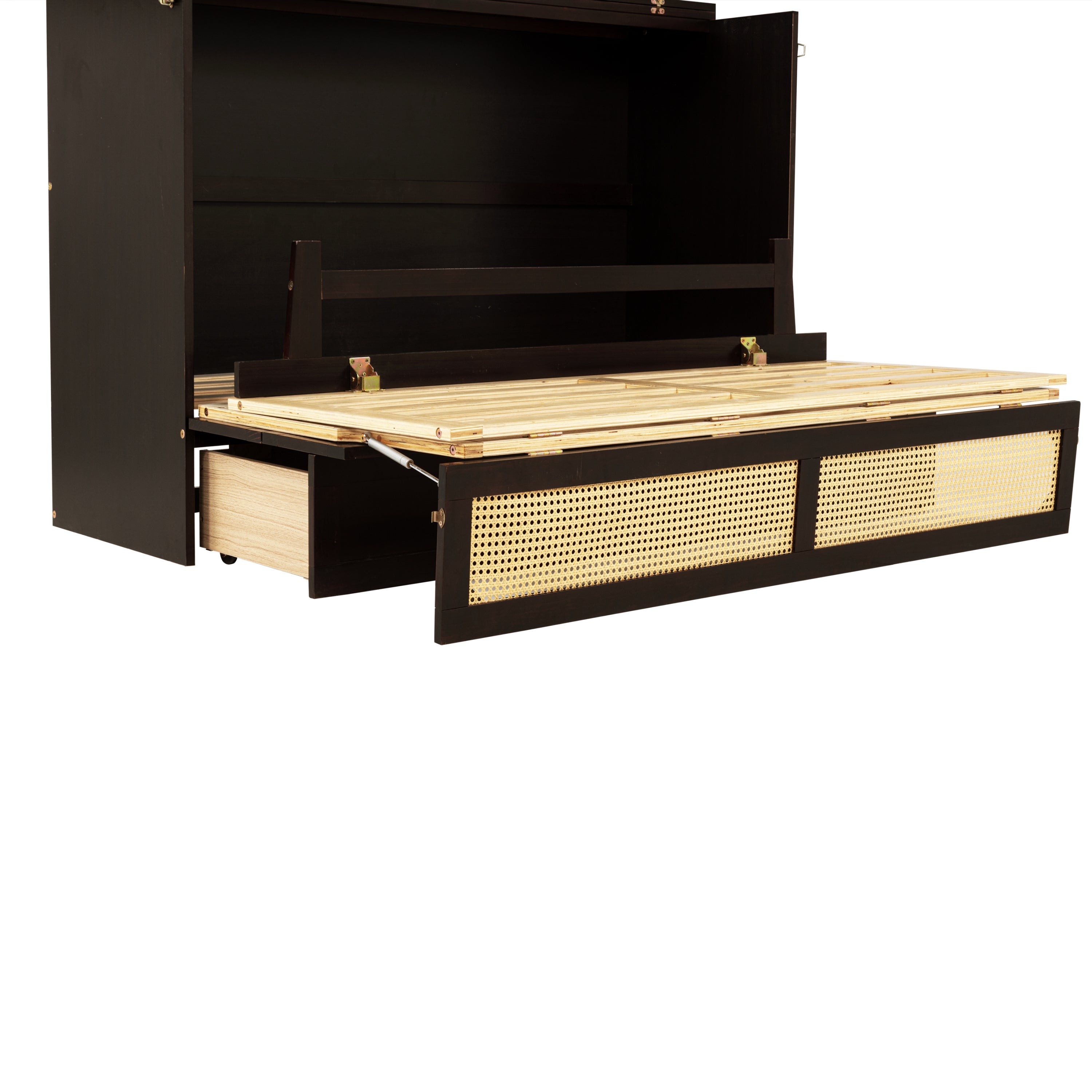 Queen Size Murphy Bed, Pine Wood Cabinet Bed with Rattan Decoration and Storage Drawer,Espresso