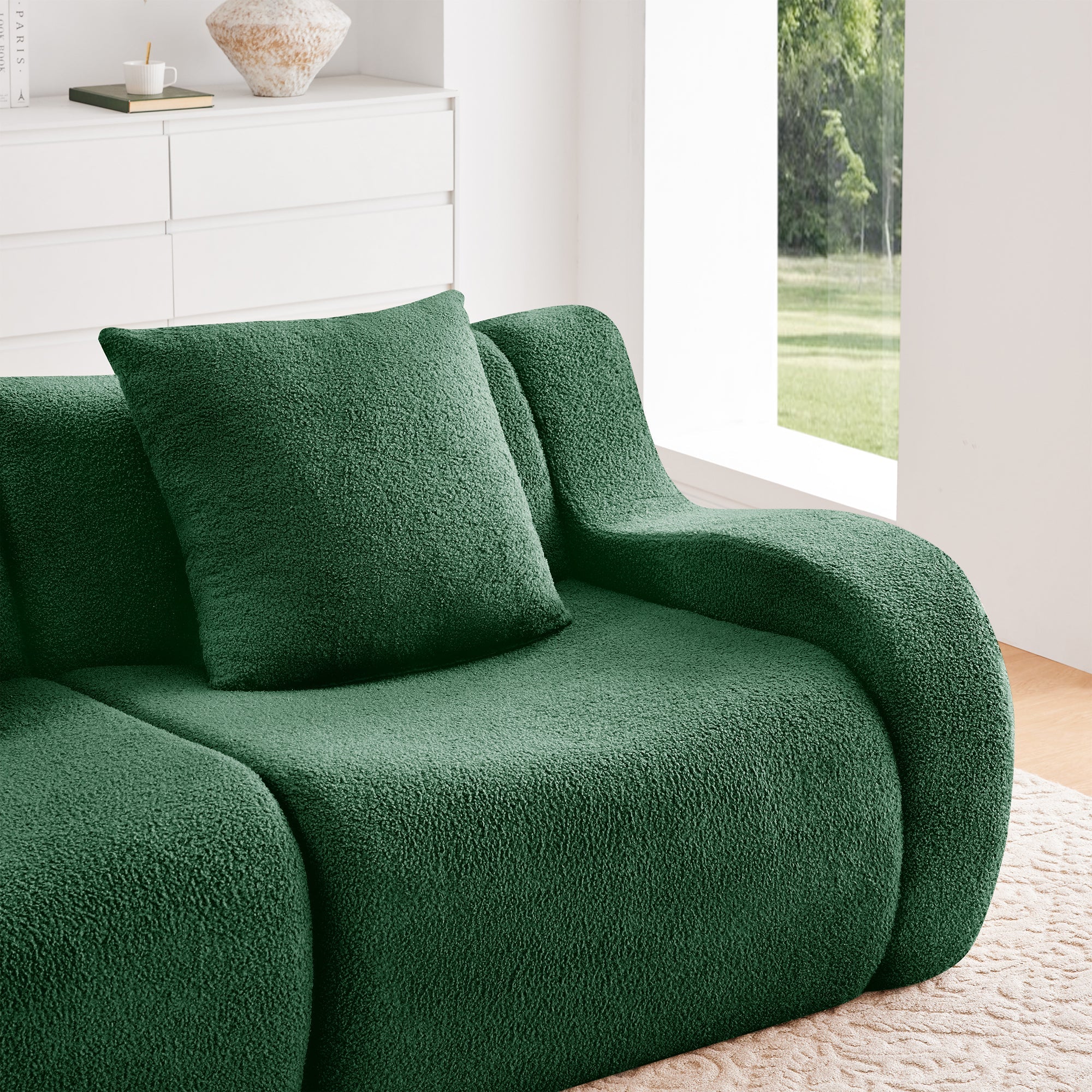 U-Shaped Boneless Sofa,Teddy Fabric No assembly required   Curved armrest,Anti-slip Design,Streamlined Design 32D High Density Sponge,Full Compression Vacuum Packag,For Studies living Rooms,Green