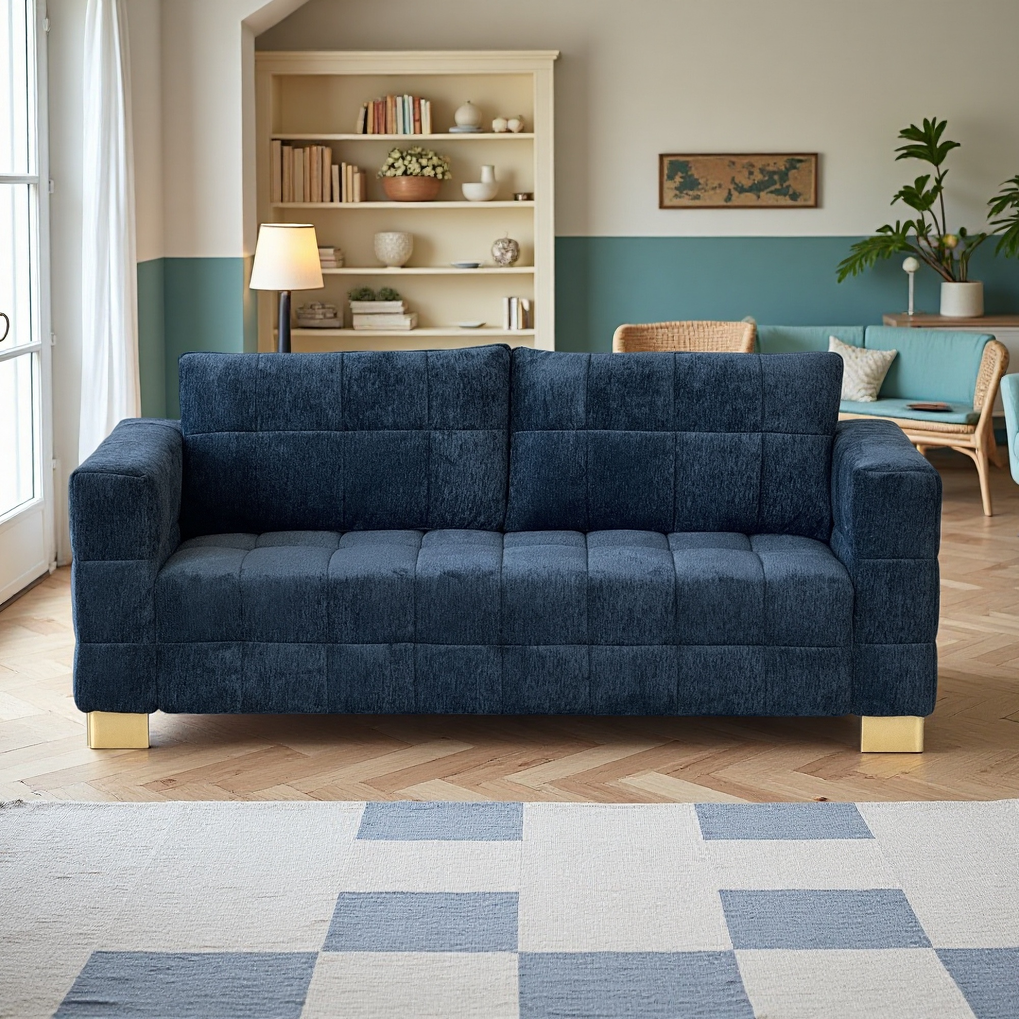 FX-P54-RB SOFA  Retro Blue Chenille Upholstered Couch, Wide-Arm 3-Seater with Custom Stainless-Steel Legs & Tufted Seat  Modern Living Room Sofa for Comfort & Style