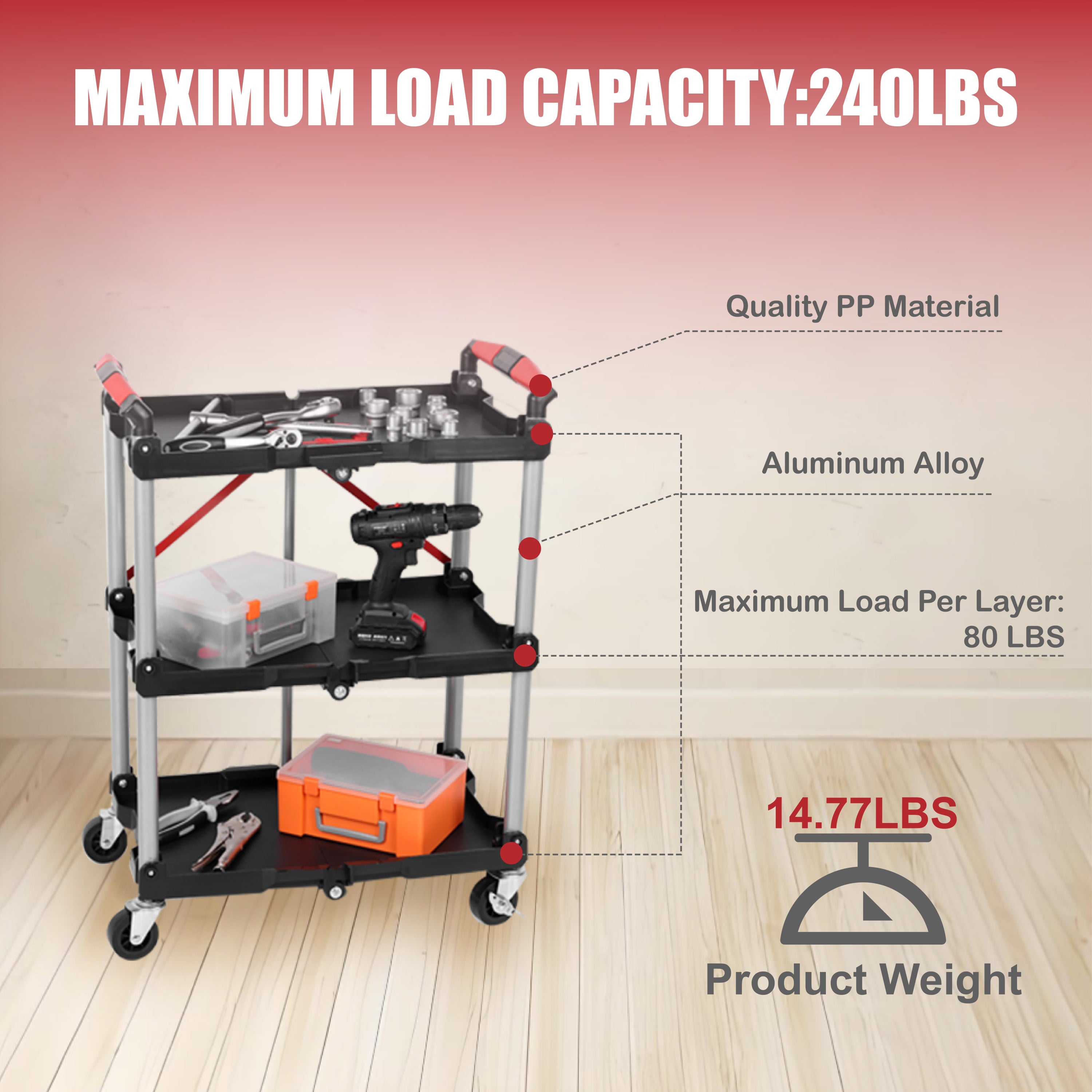 Foldable Utility Service Cart,  3 Shelf Heavy Duty Plastic Rolling Cart with 360° Swivel Wheels (2 with Brakes), Ergonomic Handle, Portable Garage Tool Cart for Warehouse Office Home