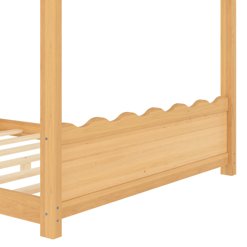 Full House Floor Bed with Support Slats, Solid Wood House Bed Frame for Kids, No Box Spring Needed and Opening Constructure, Natural