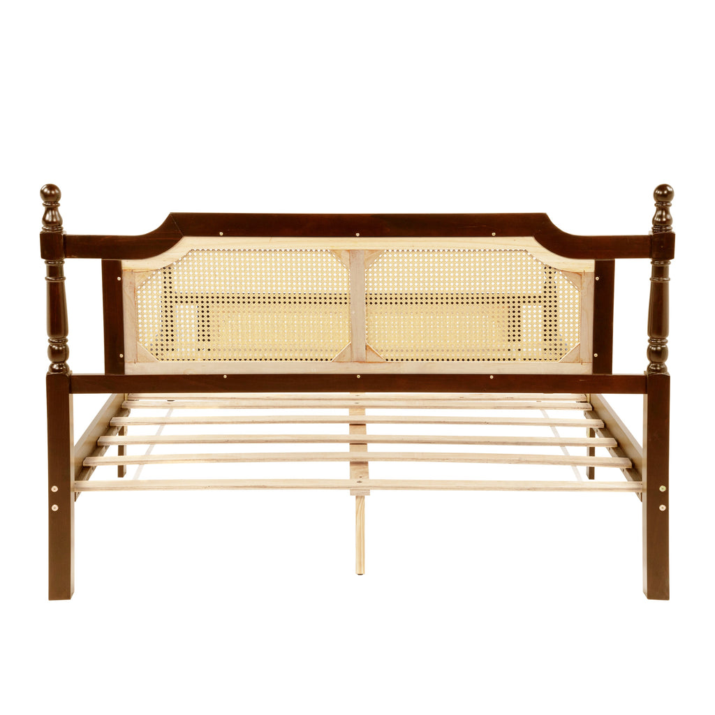 Queen Pine wooden Bed with Rattan Headboard  and Footboard, with  Central Enhanced Bed Platform,Walnut