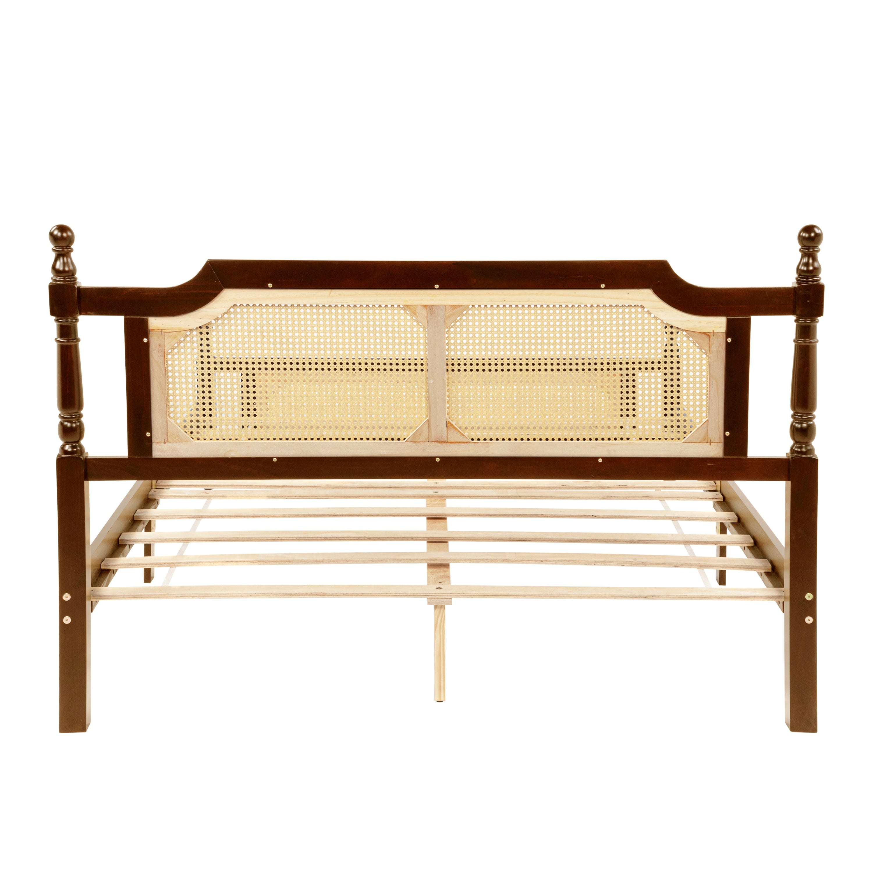 Queen Pine wooden Bed with Rattan Headboard  and Footboard, with  Central Enhanced Bed Platform,Walnut