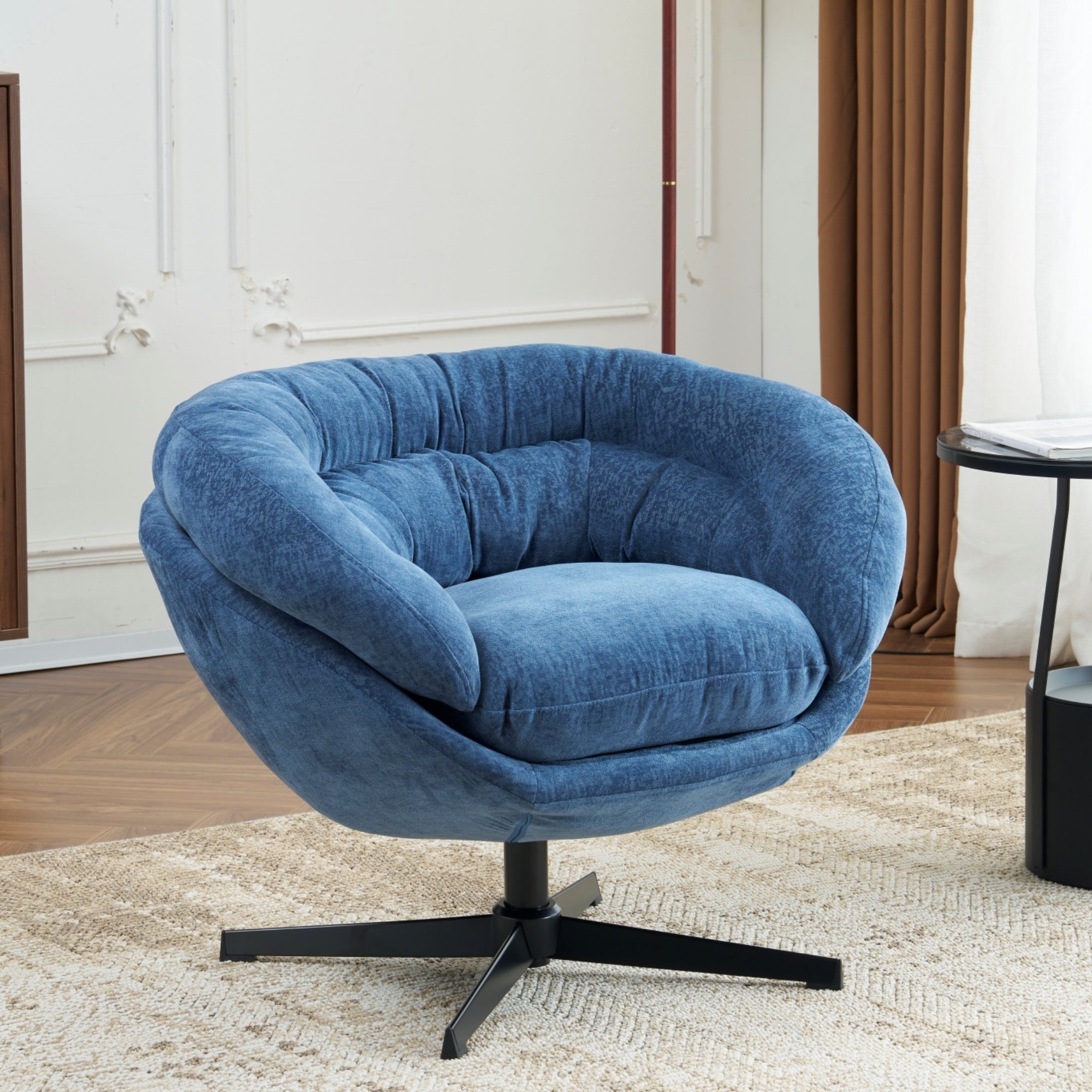 Modern Chenille Office Chair, 360° Swivel Accent Chair with Removable Cushion, Round Office Chair, Black Metal Base, Cotton Material, Living Room, Bedroom, Reading Corner, Office (Navy Blue)