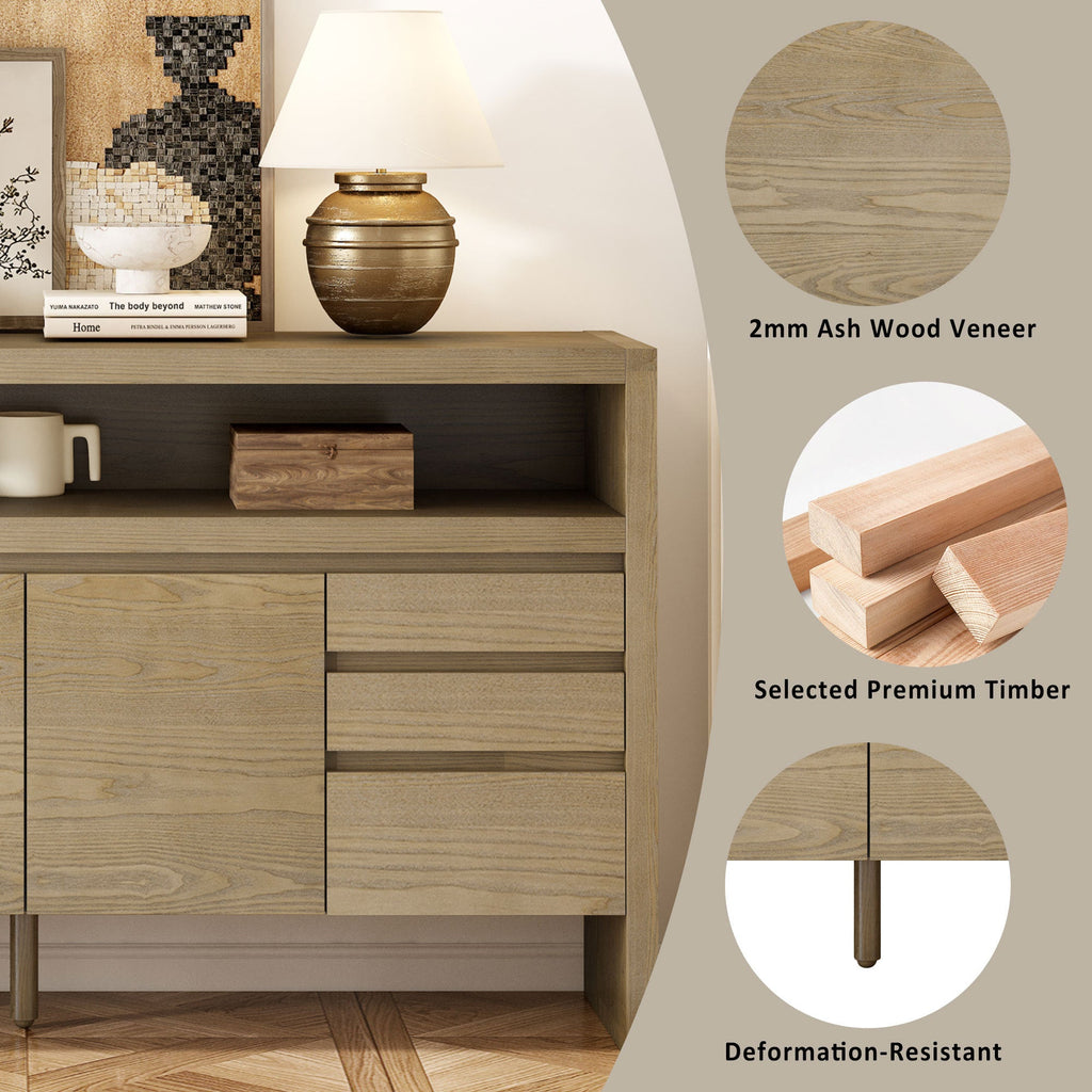 U_Style 60' 3-Door Sideboard with 3 Drawers - Modern Solid Ash Veneer MDF Sideboard, Semi-Open Shelf & Center Semi-Circular Cutout in Back Panel, Large Storage Cabinet for Living Room, Hallway, Dining