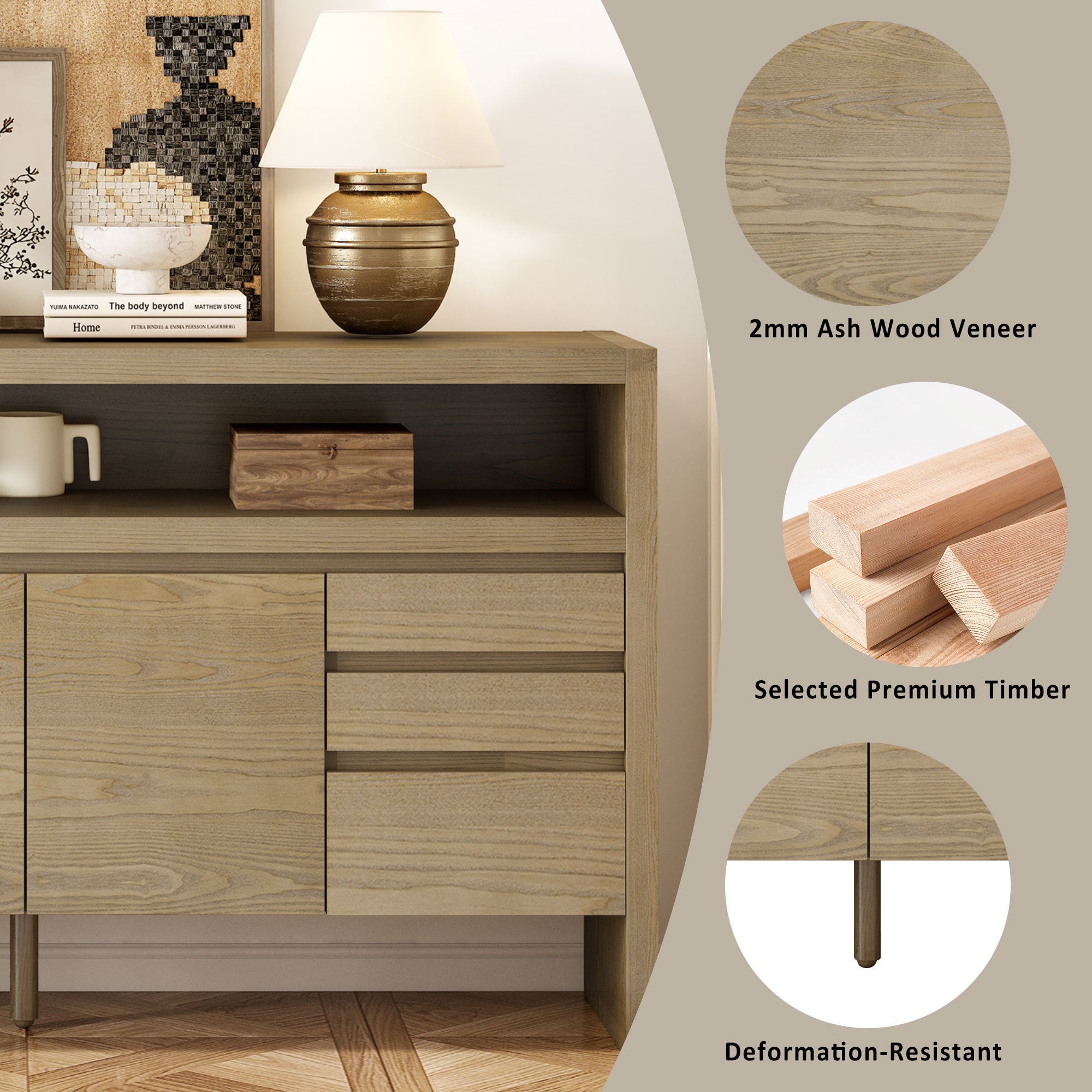 U_Style 60' 3-Door Sideboard with 3 Drawers - Modern Solid Ash Veneer MDF Sideboard, Semi-Open Shelf & Center Semi-Circular Cutout in Back Panel, Large Storage Cabinet for Living Room, Hallway, Dining