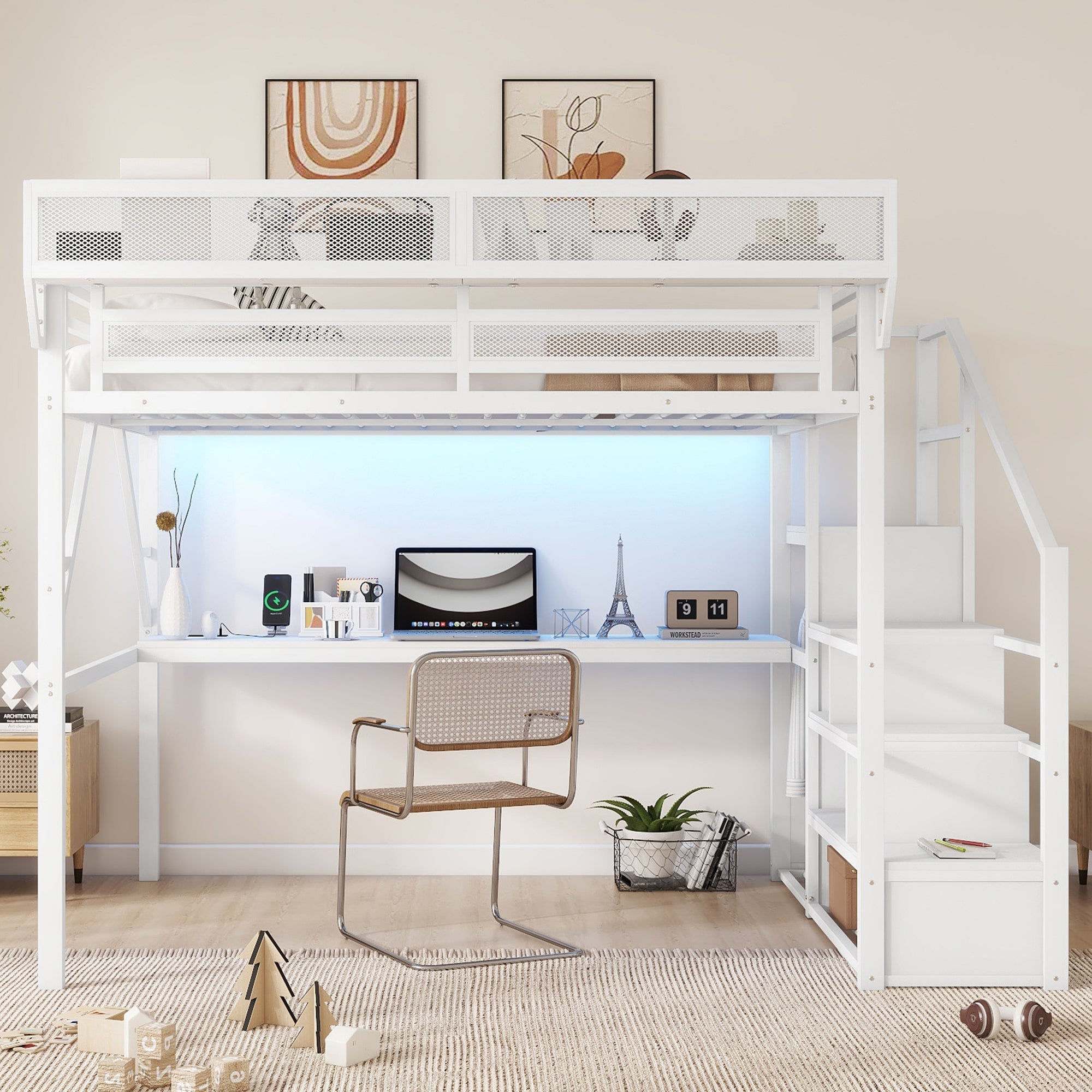 Queen Loft Bed with Desk and Charging Station, Queen Size Metal Loft Bed with Stairs and Light for Kids Teens,White(Old SKU W2580S00033)