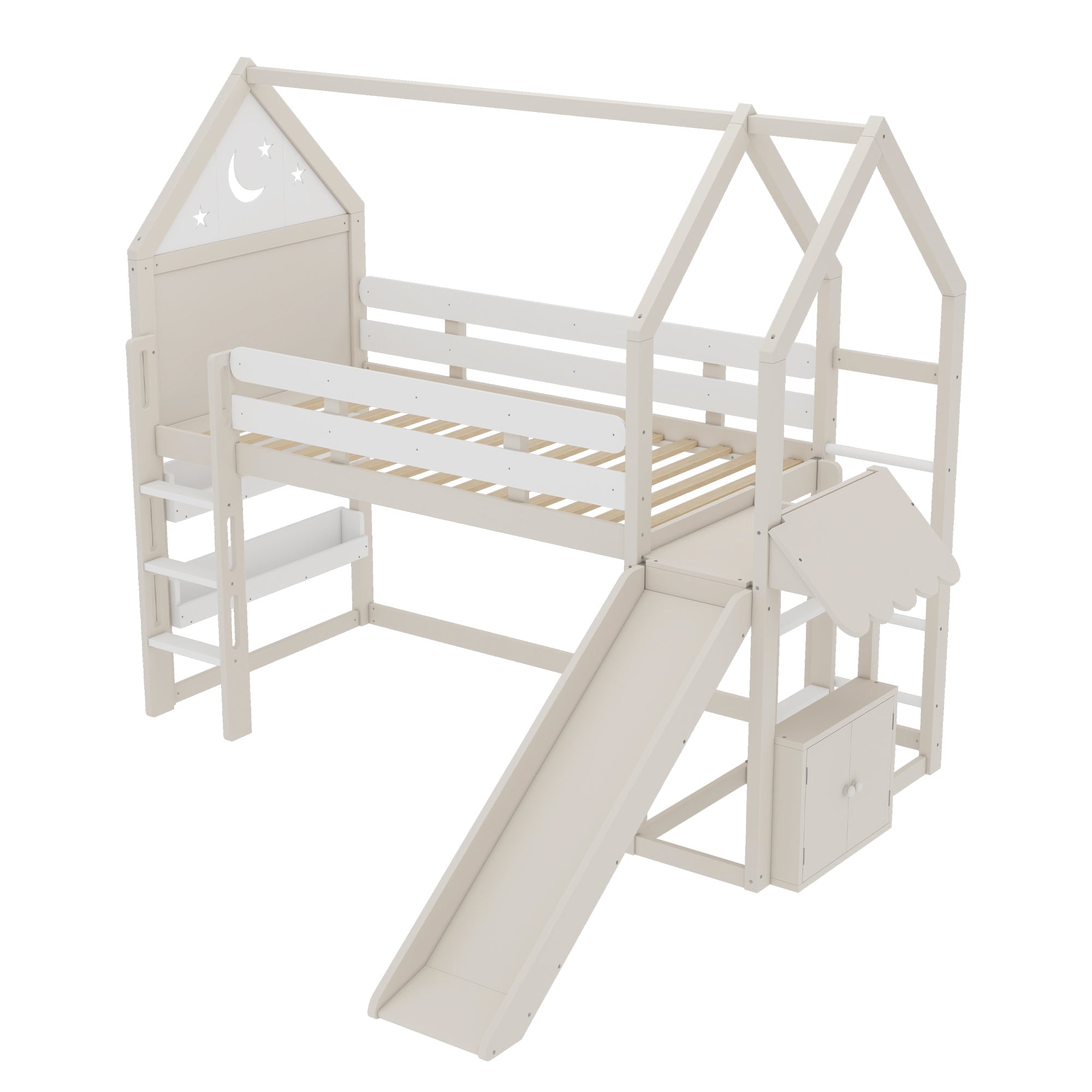 Twin Size Loft Bed with Bookshelf Playful Design for Kids House-Shaped Structure with Slide High-Quality Safety Rails,Beige