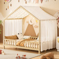 Montessori Floor Bed with Canopy, Full Bed Frame for Kids, House Shape Kids Bed Frame with High Railings, Wood Kids Bed with Roof, Kid Full Bed, Natural