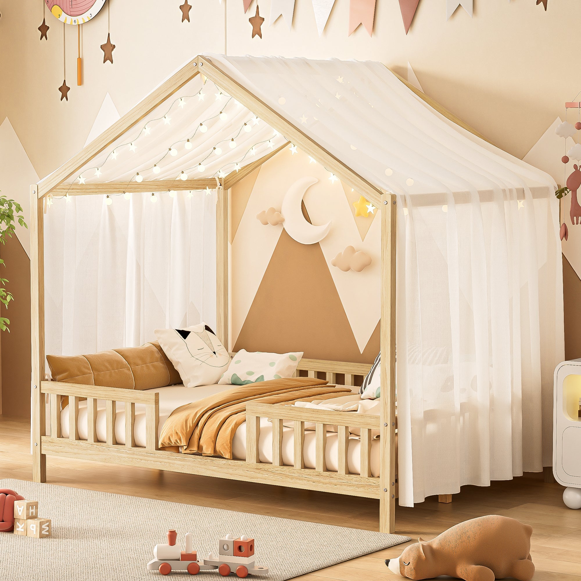 Montessori Floor Bed with Canopy, Full Bed Frame for Kids, House Shape Kids Bed Frame with High Railings, Wood Kids Bed with Roof, Kid Full Bed, Natural