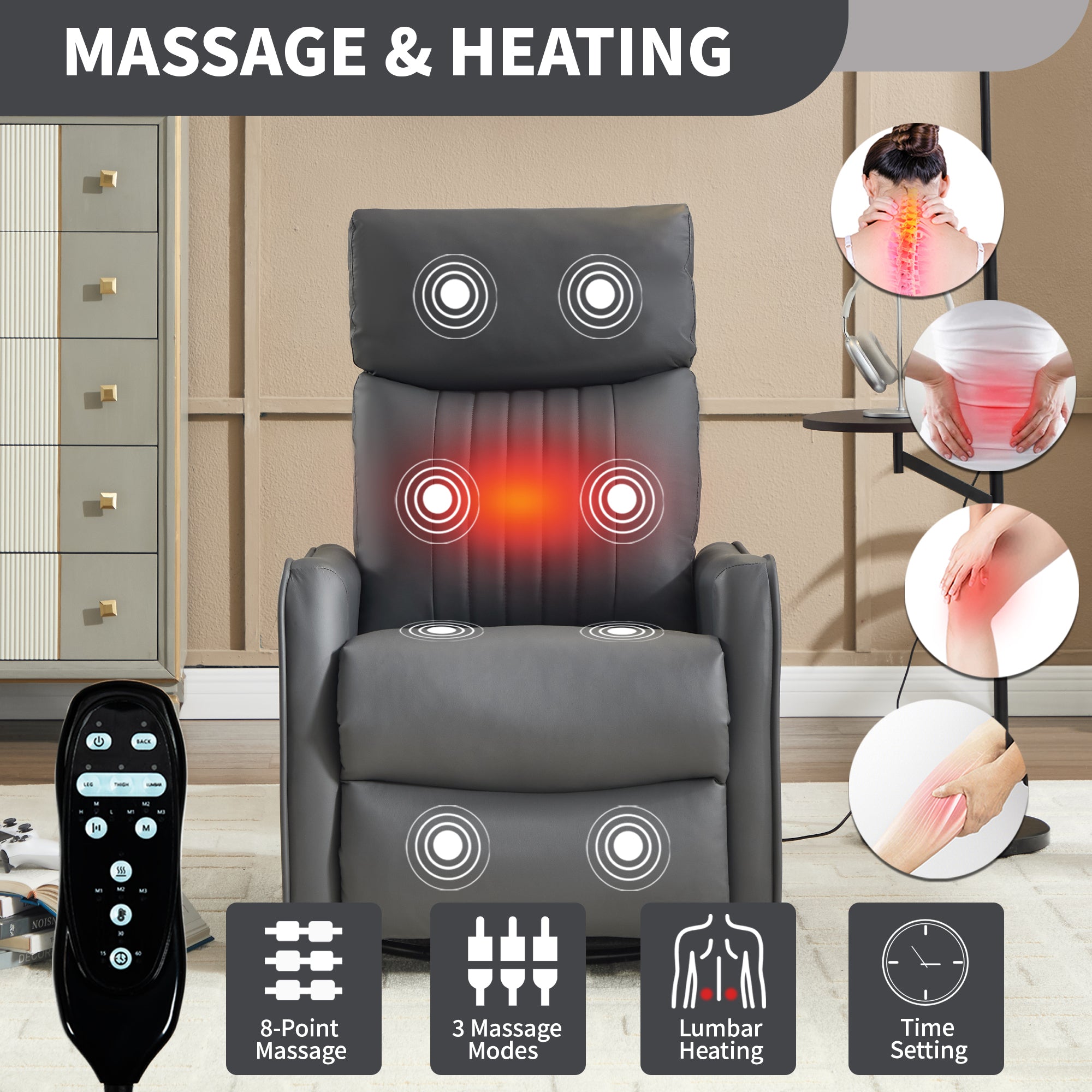 Grey Faux Leather Heat Massage Manual Recliner Chair with Rocker and Swivel for Living Room