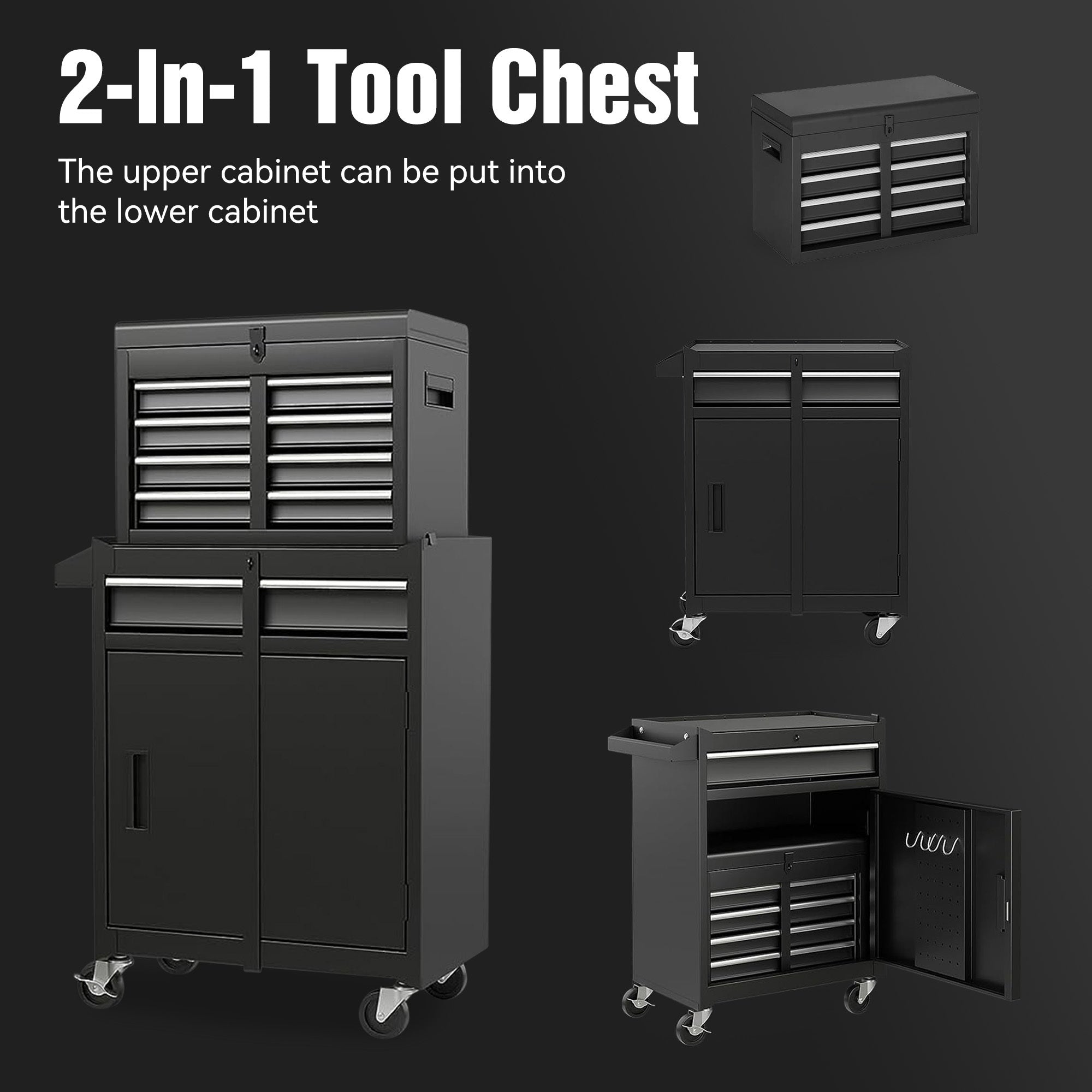 Tool Chest, 5-Drawer Rolling Tool Storage Cabinet with Detachable Top Tool Box, Liner, Universal Lockable Wheels, Adjustable Shelf, Locking Mechanism, Metal Tool Cart ,154pcs tools